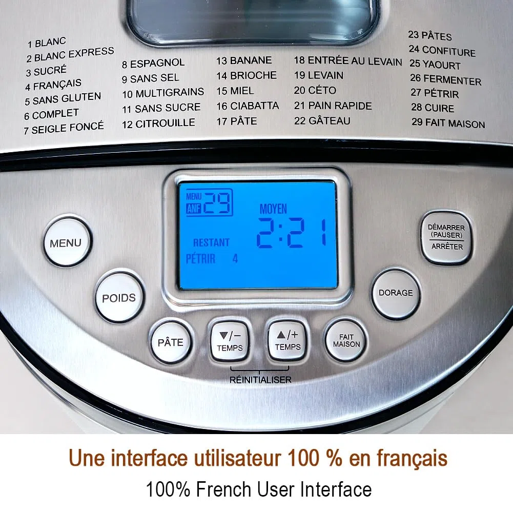 KITCHENARM 29 en 1 Machine à pain intelligente avec interface utilisateur et documentation 100% en français - 900 G Machine à pain en acier inoxydable avec réglages sans gluten et pain complet