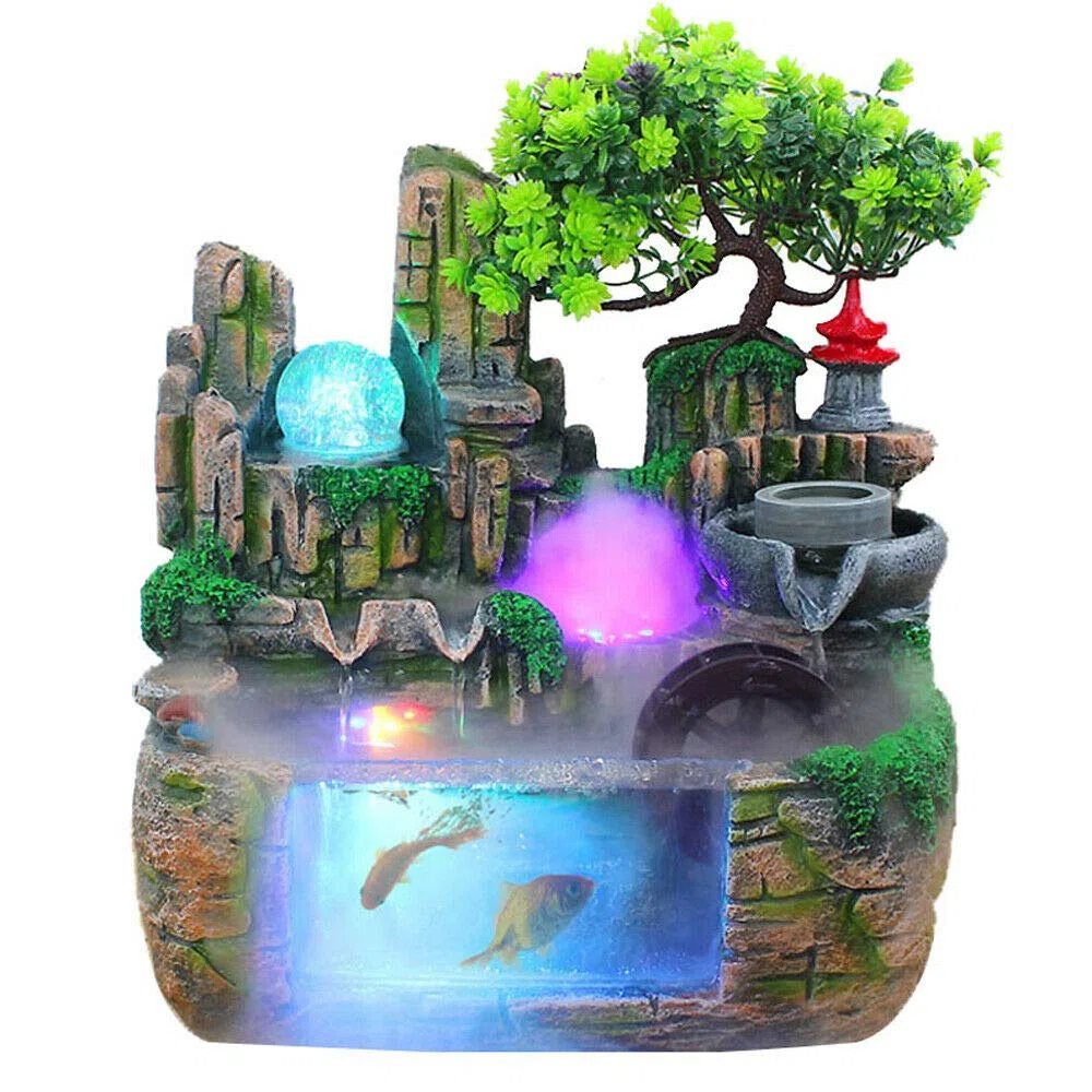 Fonte Feng Shui d'intérieur, fontaine de jardin en pierres, aquarium, avec boule de cristal LED et vaporisateur, fontaine de table, décoration de salon