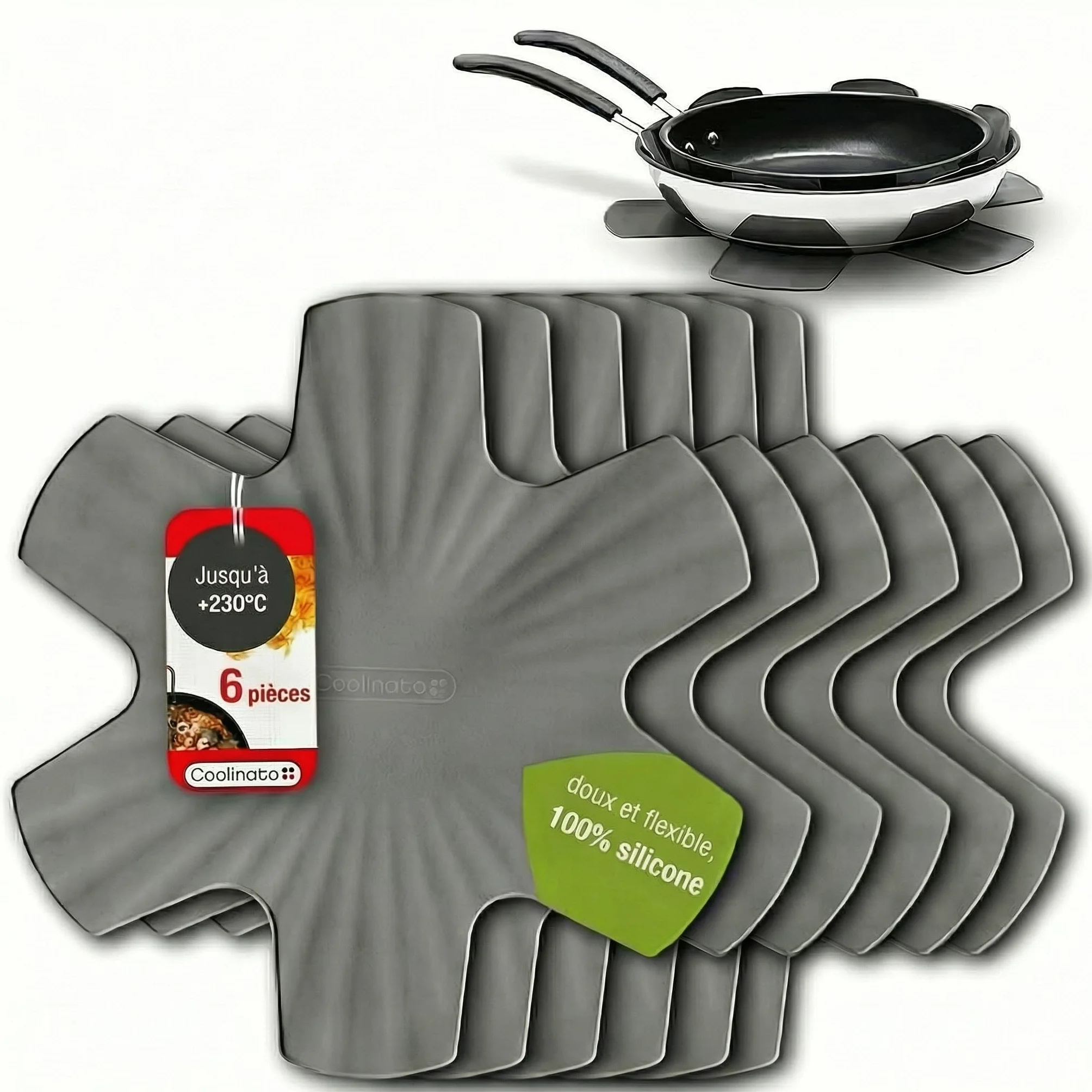 Coolinato Set de 6 protège-poêles en Silicone 35 cm Gris Protection Thermique