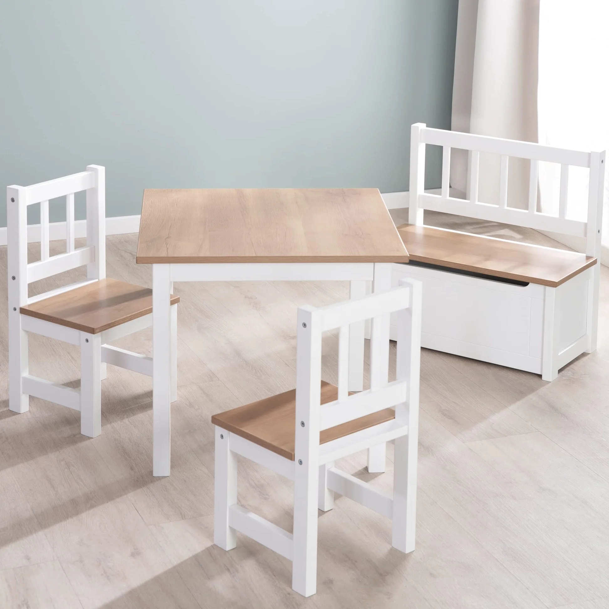 roba Banc-Coffre à Jouets Woody pour Enfant en Bois - Résistant aux Rayures - avec Charnière de Sécurité à Fermeture Douce - dès 18 Mois - Blanc/Aspect Bois