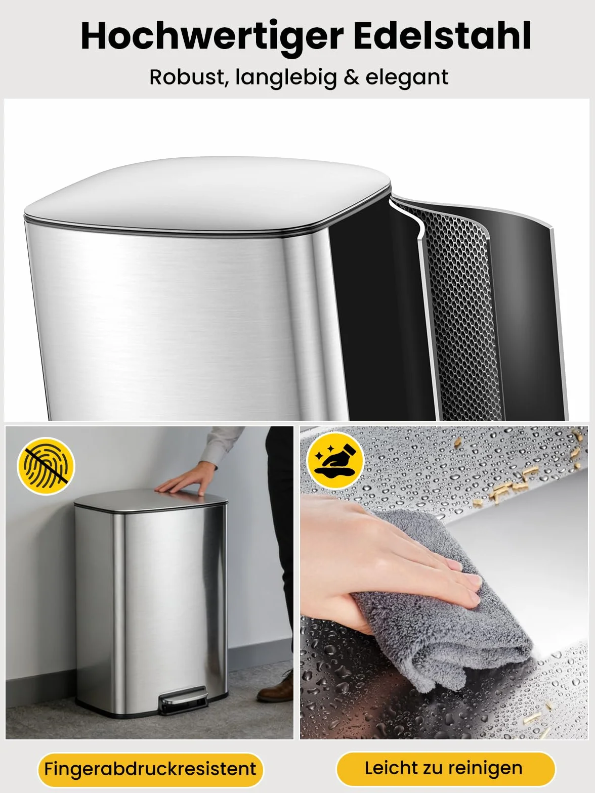 YEAUPE PRO Poubelle Cuisine 50L Inox Pédale Soft Close Silencieux Bac Amovible Anti-Odeurs