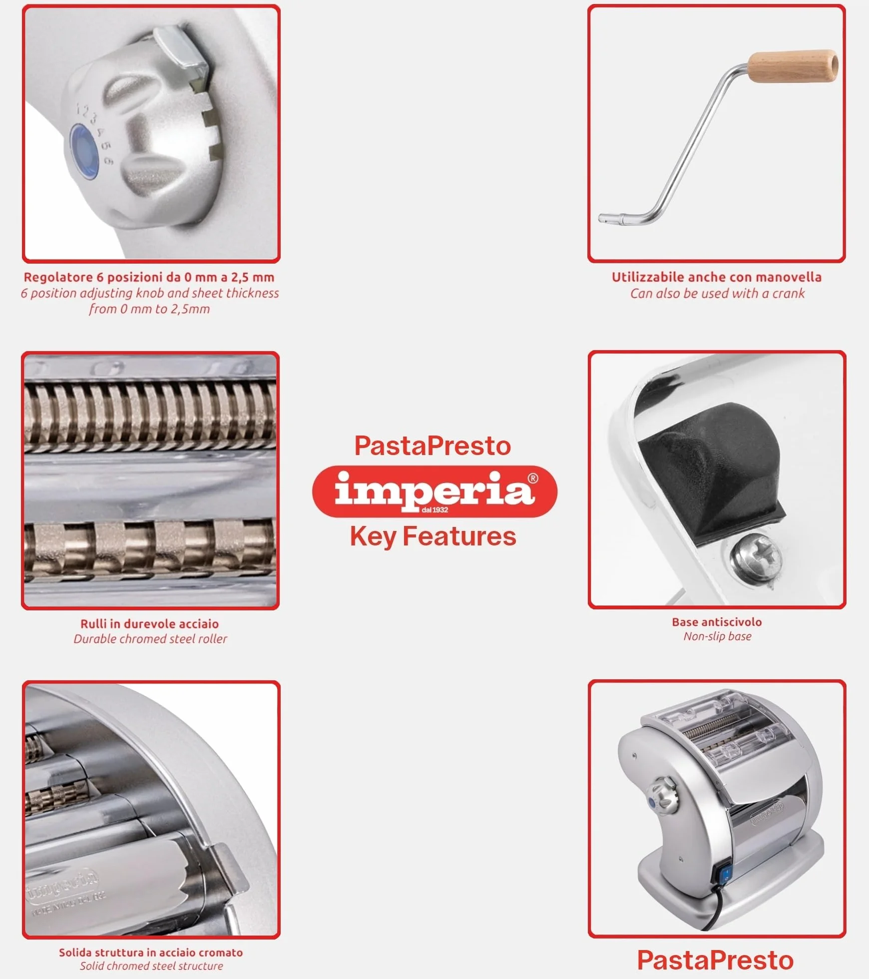 Imperia PastaPresto Ligne Classique. Machine à pâtes électrique. Fabriquè en Italie. Machine à pâtes fraîches avec moteur électrique a 220v. Laminoir électrique pour Lasagne, Tagliolini, Fettuccine