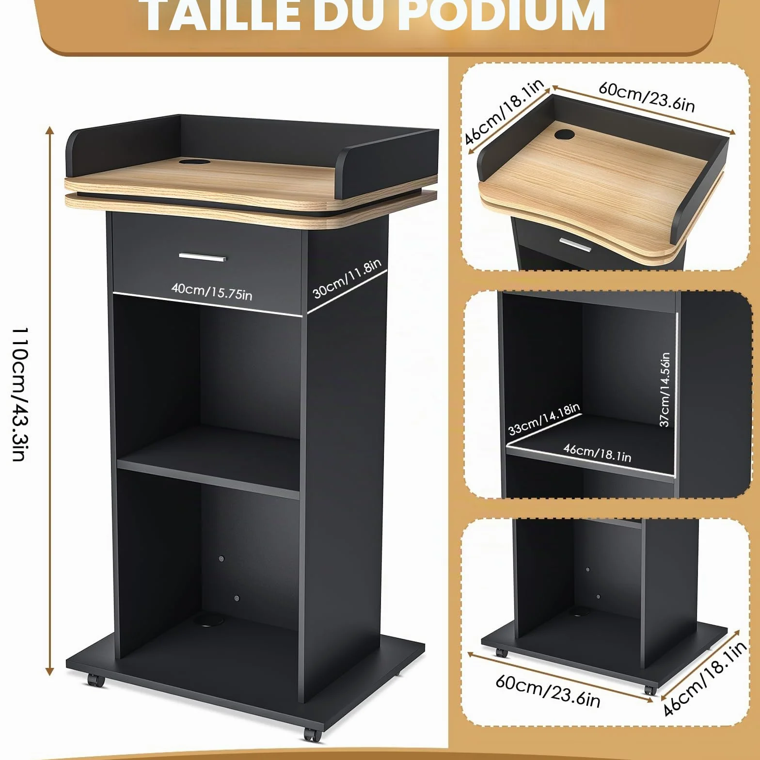 Podium en bois massif premium avec tiroir extensible, roues et compartiment double couche pour église, conférence, école