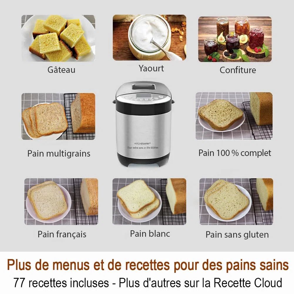 KITCHENARM 29 en 1 Machine à pain intelligente avec interface utilisateur et documentation 100% en français - 900 G Machine à pain en acier inoxydable avec réglages sans gluten et pain complet