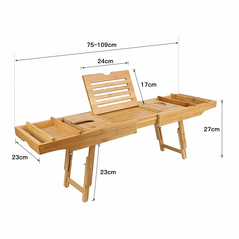 Plateau de Bain en Bambou, Pont de Baignoire Extensible, Etagère avec Rangement et Porte-Savon, 75-109cm