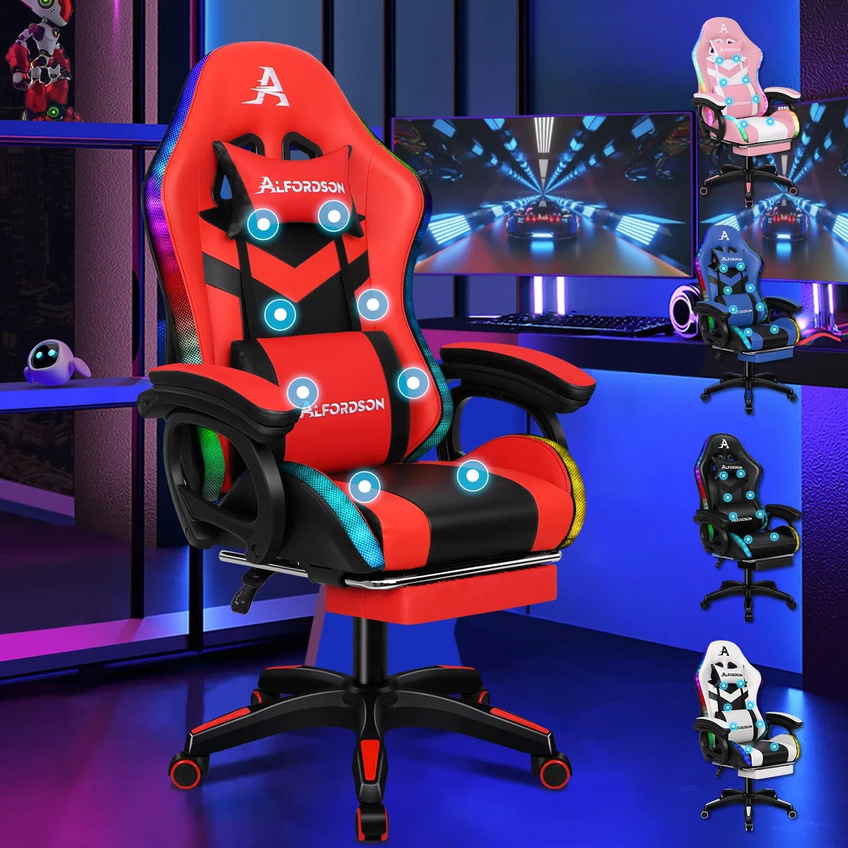 ALFORDSON LED Chaise Gaming, Siege Gaming avec Massage 8 Points, Fauteuil de Gaming Pivotant Ergonomique avec Éclairage RVB avec Support Lombaire et Appui-Tête, Hauteur Réglable, Rouge