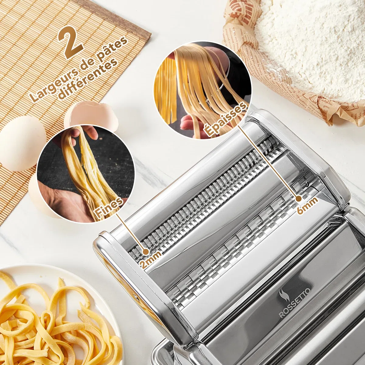 ROSSETTO Machine à pâtes manuelle avec séchoir – En acier inoxydable avec 9 épaisseurs de pâte et 2 largeurs de coupe – Pour lasagnes, spaghettis, fettuccine – Raviolis