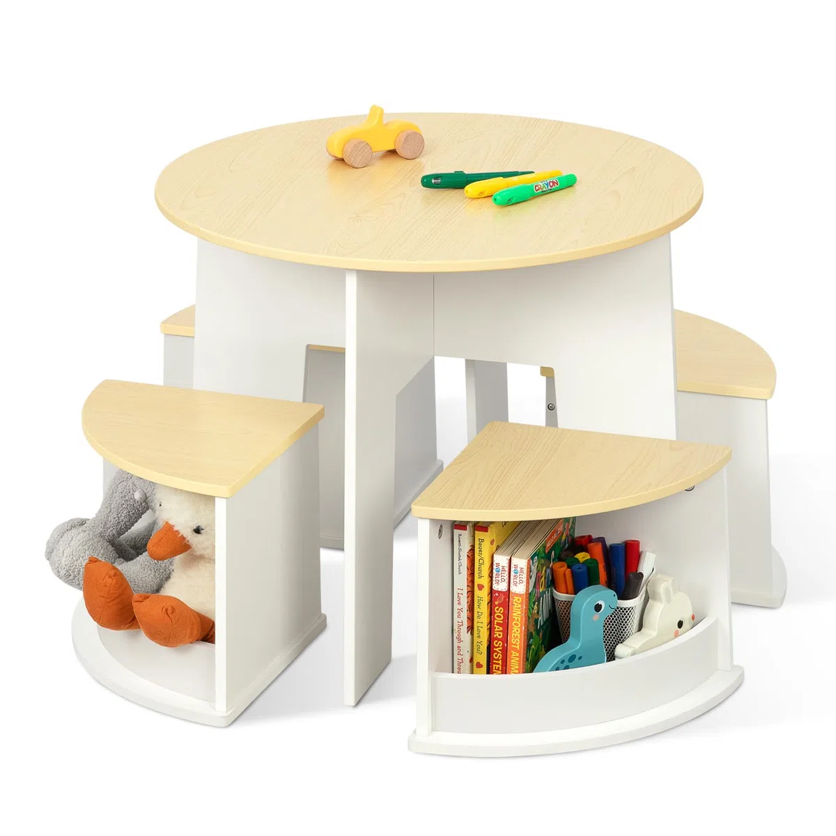 OOOK Table Enfant avec 4 Chaise, Table Ronde en Bois avec 4 tabourets à Rangement, Tables et chaises pour Enfants dédiés à l'art, l'artisanat, la Lecture et Les Jeux