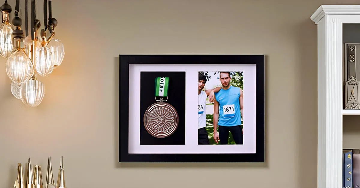 Cadre pour afficher des médailles ， Médaille pour le sport Boîte 3D Cadre photo ， Encadrement pour photo Cadre noir et couleur noyer profond pour cadre profond 3D Pour afficher les médailles