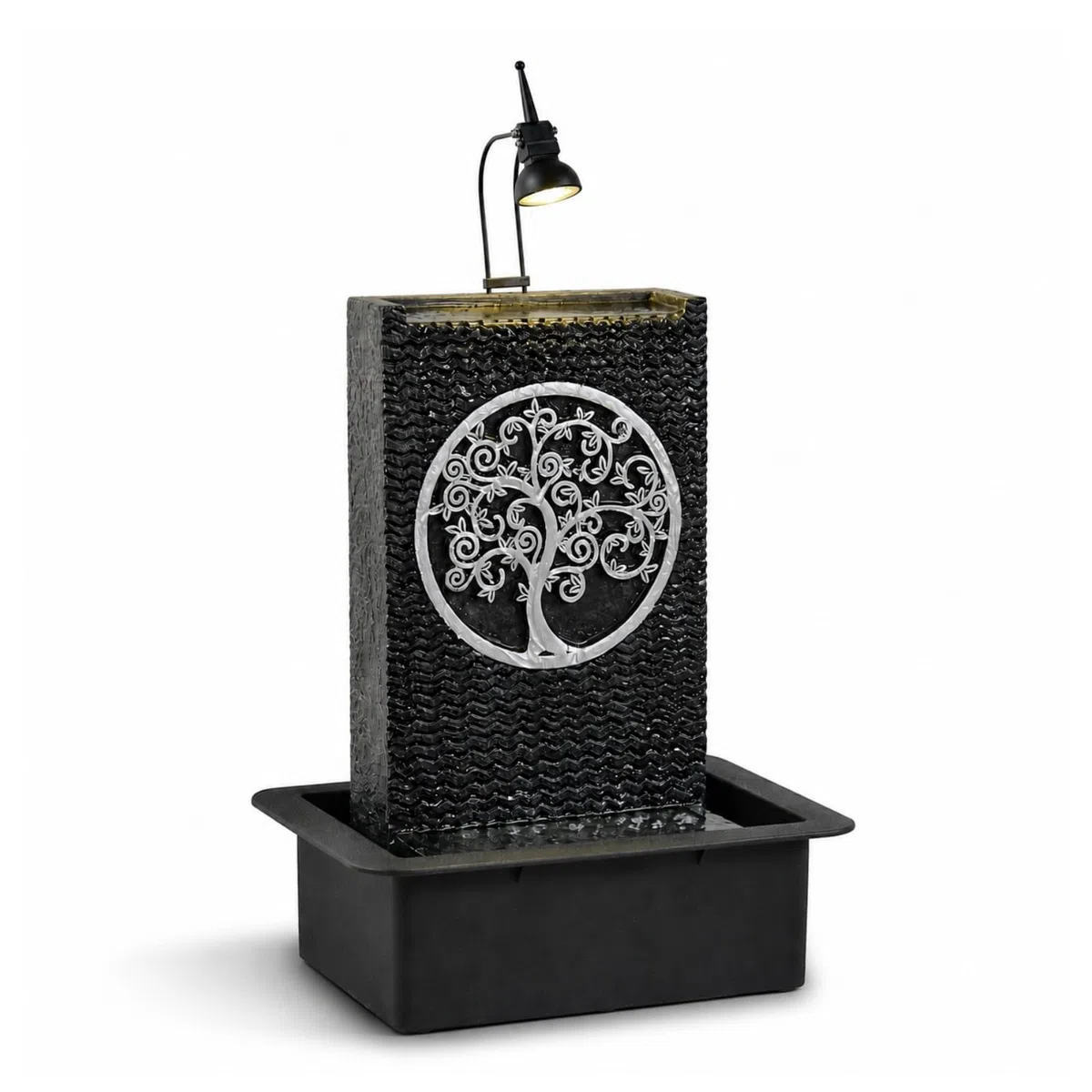 Fontaine d’Intérieur Mur d’Eau Cascade Motif Arbre de Vie Lumière Spot Blanc, Grand Décoration de Table Bureau Salon Chambre, Source de Zenitude Méditation Relaxation, H 40cm – Arbre de Vie Zen’Light