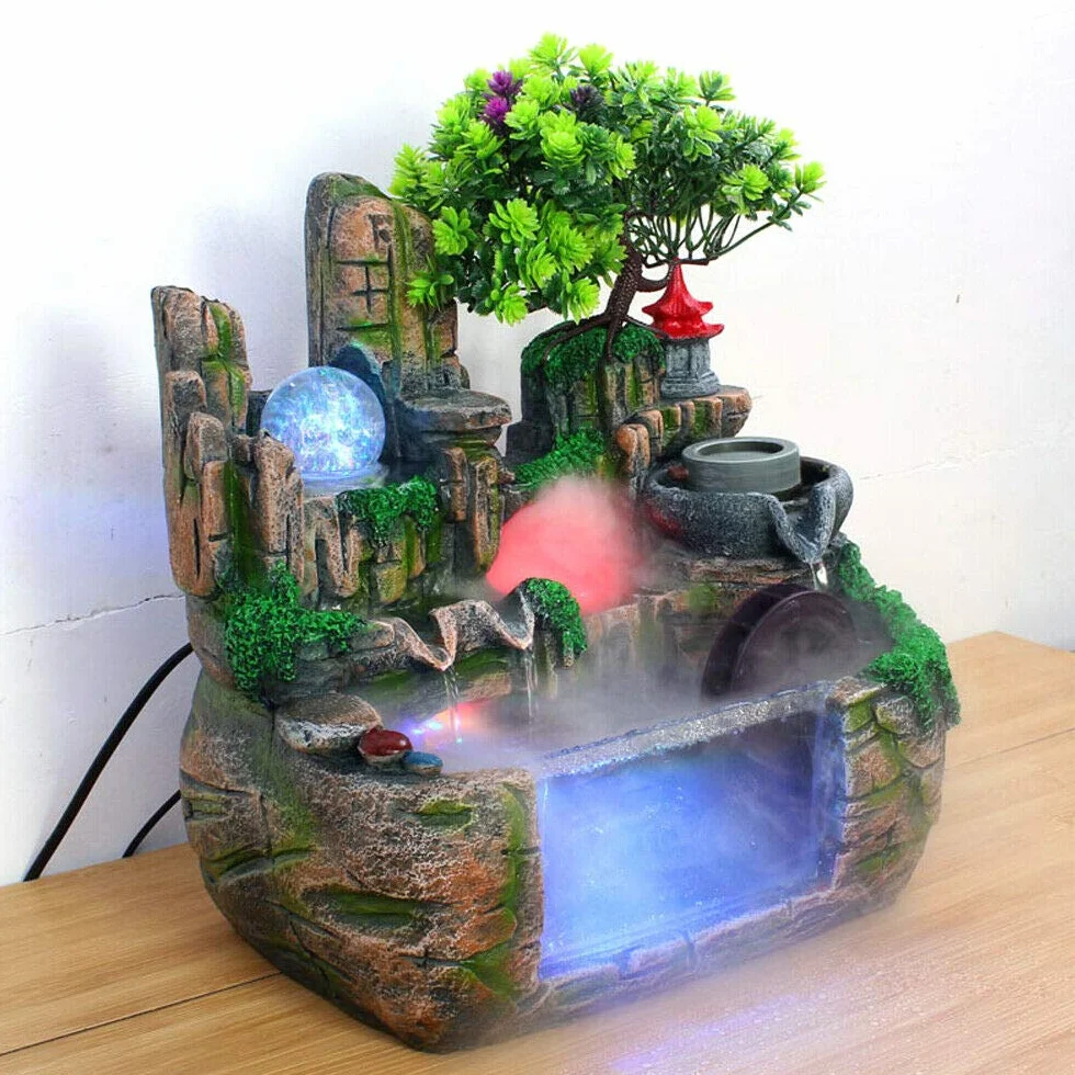 Fonte Feng Shui d'intérieur, fontaine de jardin en pierres, aquarium, avec boule de cristal LED et vaporisateur, fontaine de table, décoration de salon