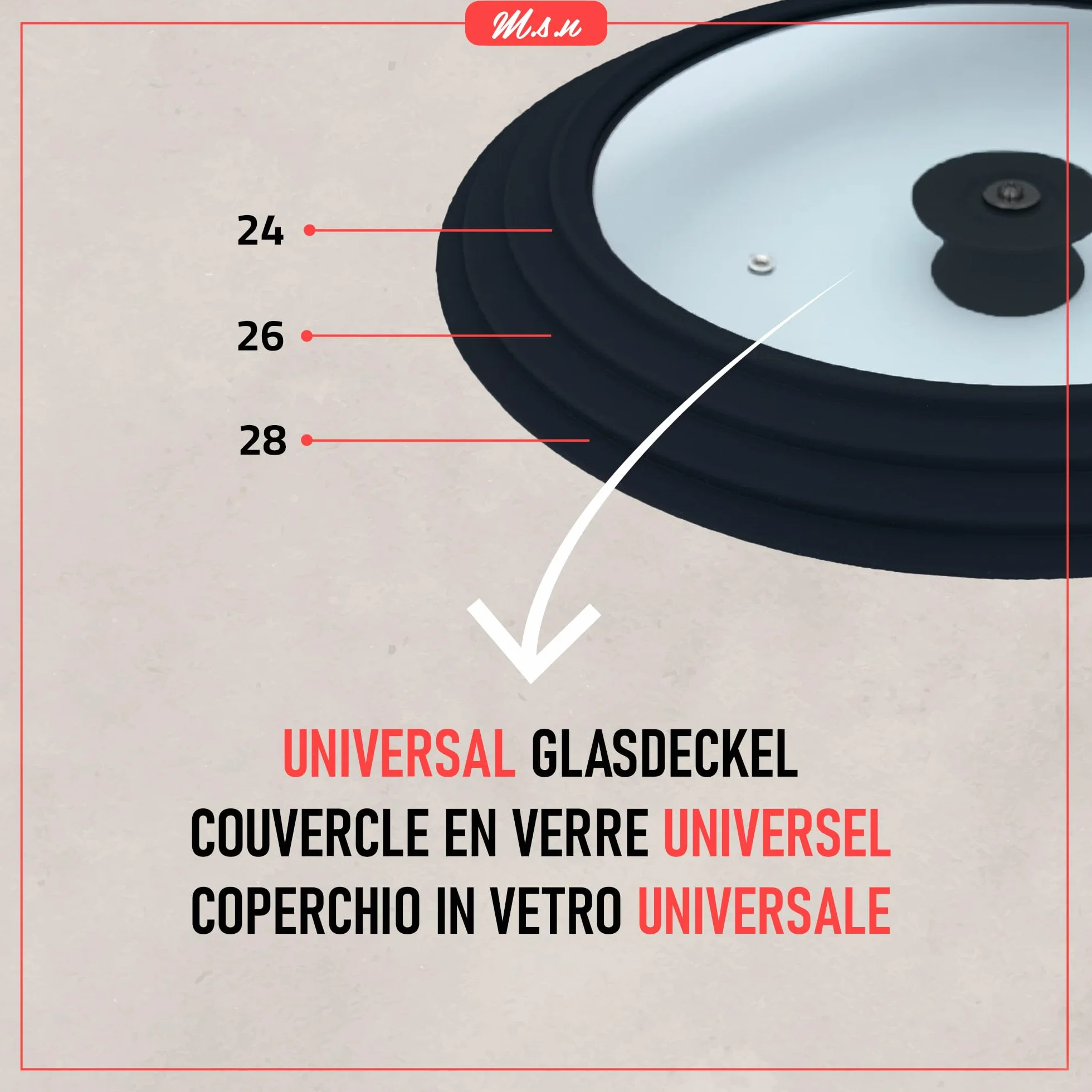M.S.N Lot de 3 couvercles, en verre, pour casseroles et poêles d'un diamètre de 16/18/20 cm, 24/26/28 cm et 28/30/32 cm, avec soupape d'échappement et bord en silicone, noires