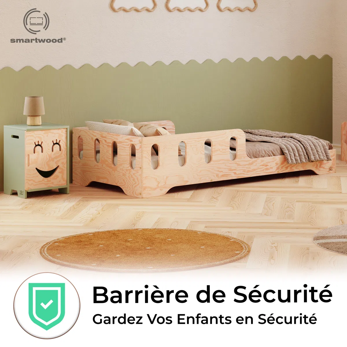 smartwood Lit Enfant 70x140 cm Lit Montessori au Sol - Bois Certifié FSC avec Barrière et Sommier à Lattes Jusqu’à 230 kg - Montage Facile - pour Garçon et Fille - Tila 6
