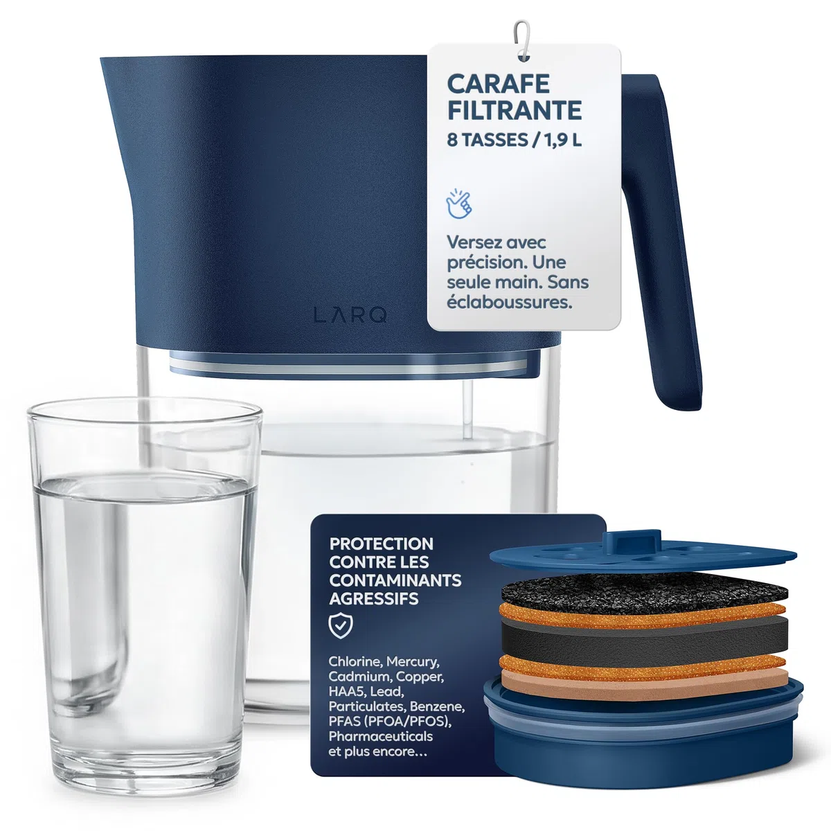 LARQ Carafe filtrante 1,9 L – Filtre Nano Zero élimine le chlore, le plomb, les PFAS et plus encore - Monaco Blue
