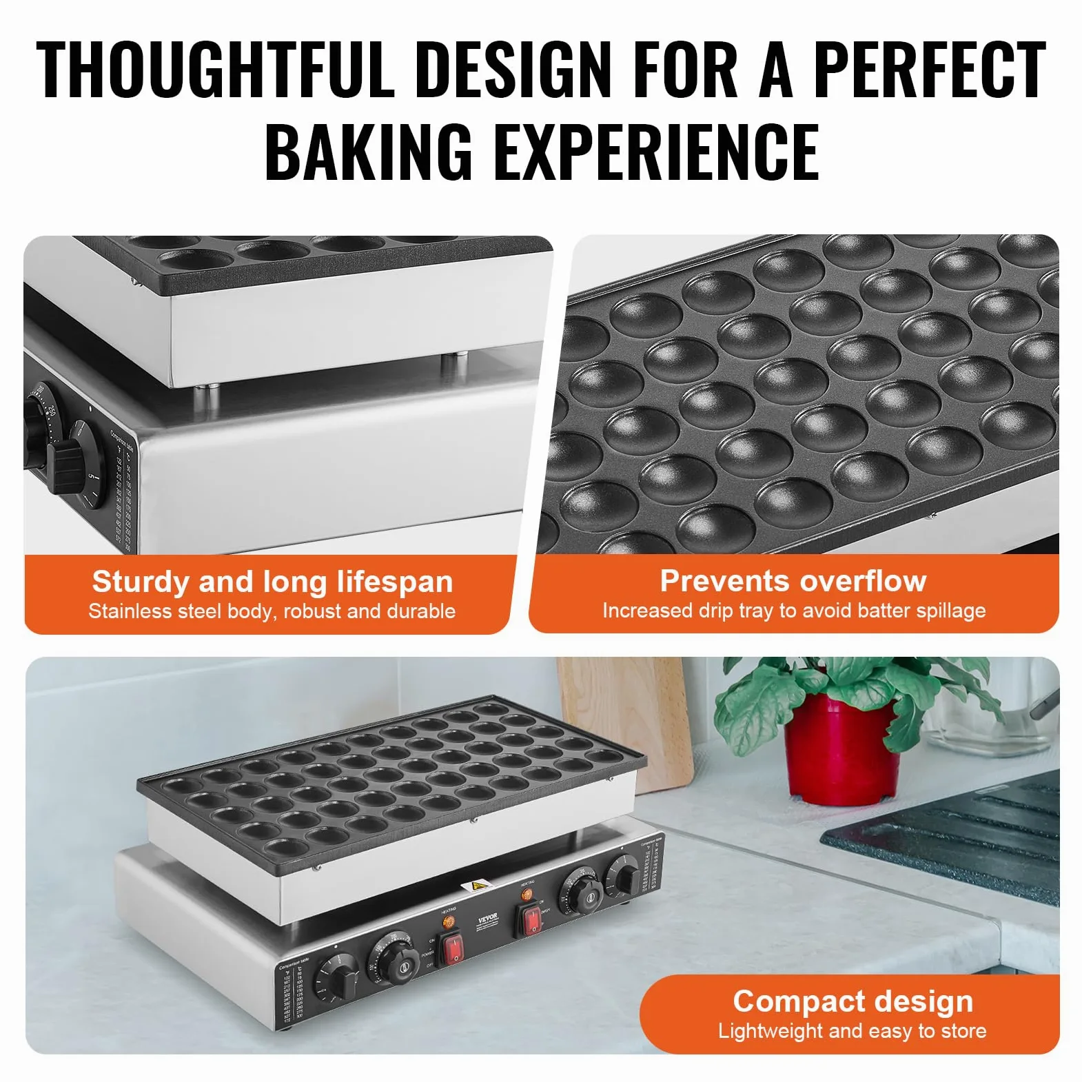 VEVOR Appareil à Pancake 50PCs 43 mm, Crêpière Commerciale 1700 W, Appareil à Poffertjes Dorayaki en Acier Inoxydable Antiadhésif, Température et Temps Réglable, pour Cuisine à Domicile, Restaurant