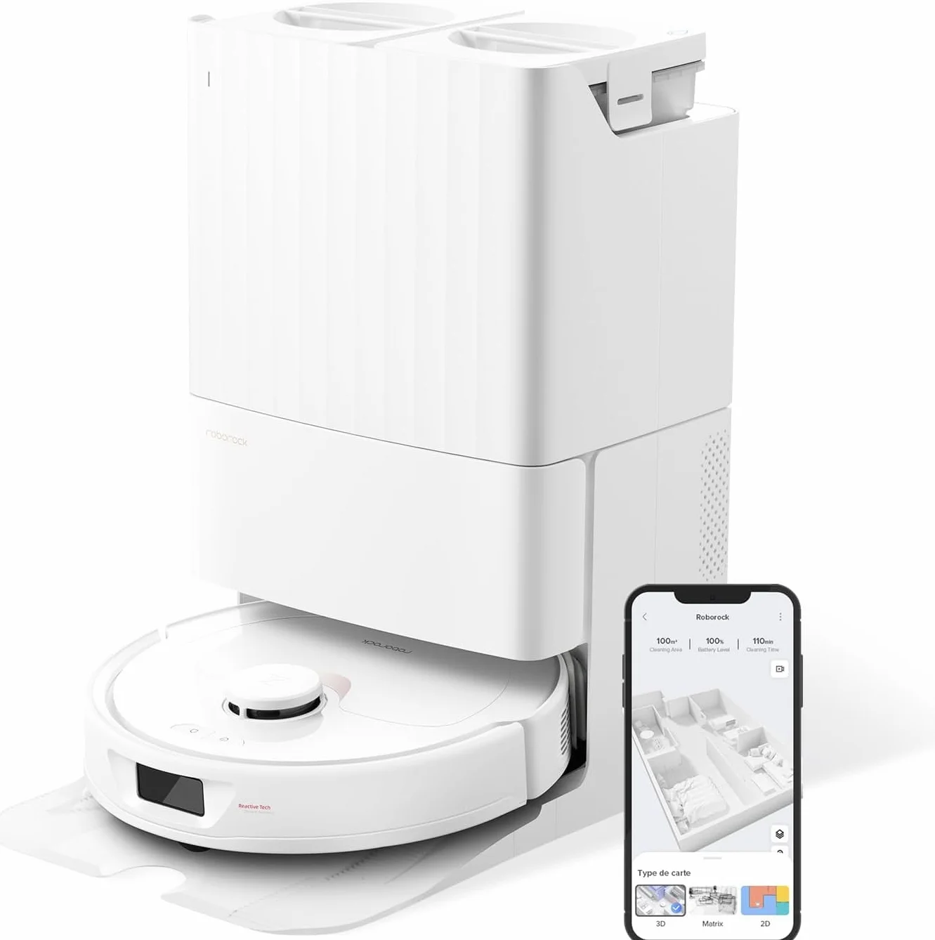 Roborock Qrevo Robot Aspirateur Laveur 5500 Pa, Double serpillière rotative, Cartographie 3D Fonctions automatiques Vidage/Lavage/Séchage Blanc (Reconditionné)