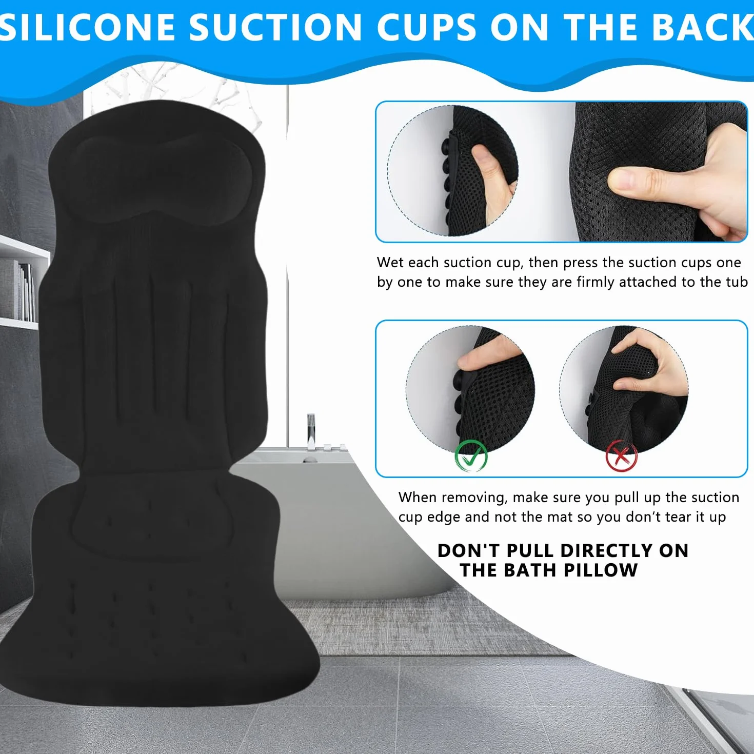 Coussin de bain complet pour baignoire épais avec appuie-tête ventouses crochets suspension Noir