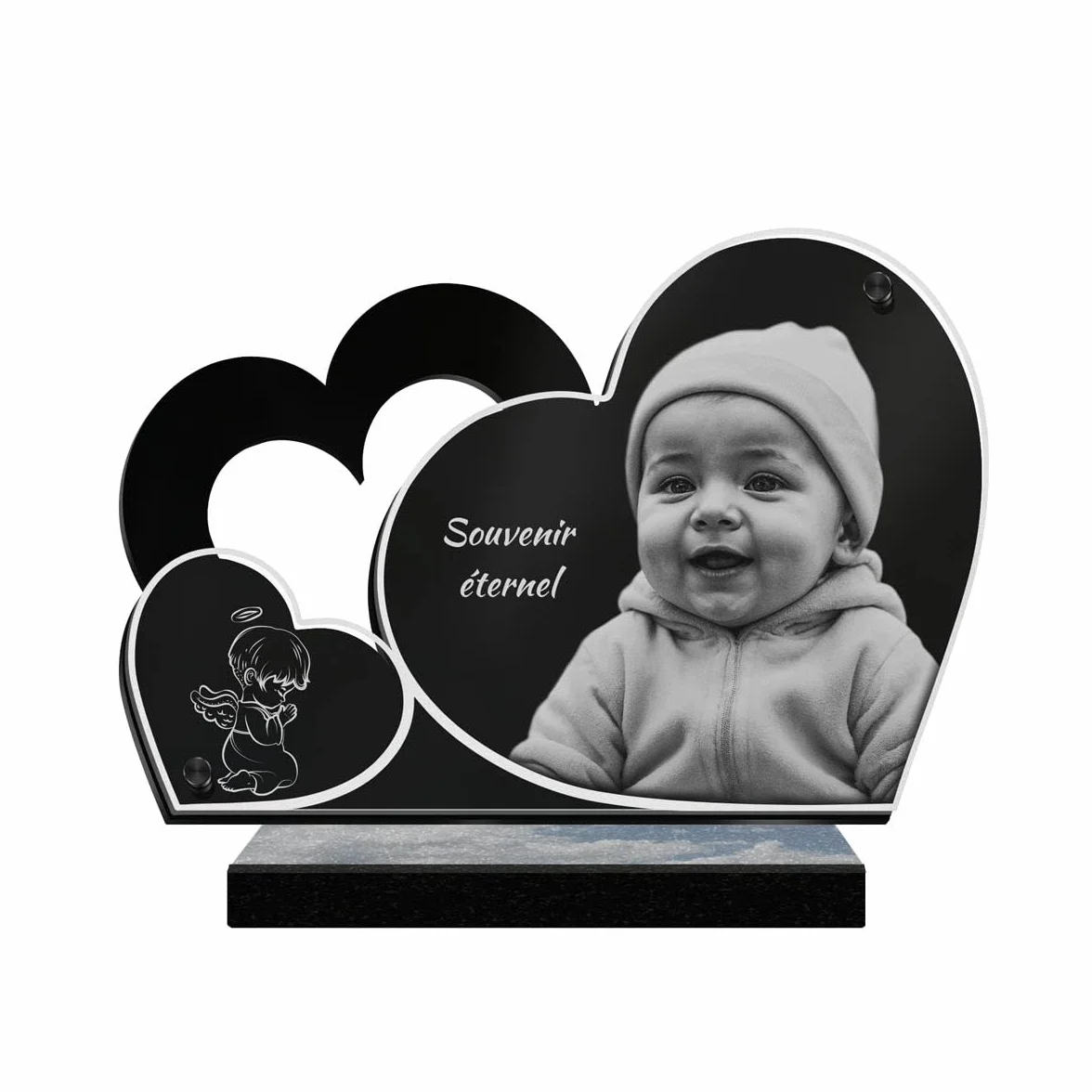ETERNEL Plaque Funéraire Personnalisée Double Coeur Ange Enfant Photo Texte Gravée au Laser Hommage Tombale Obsèques Commémoration