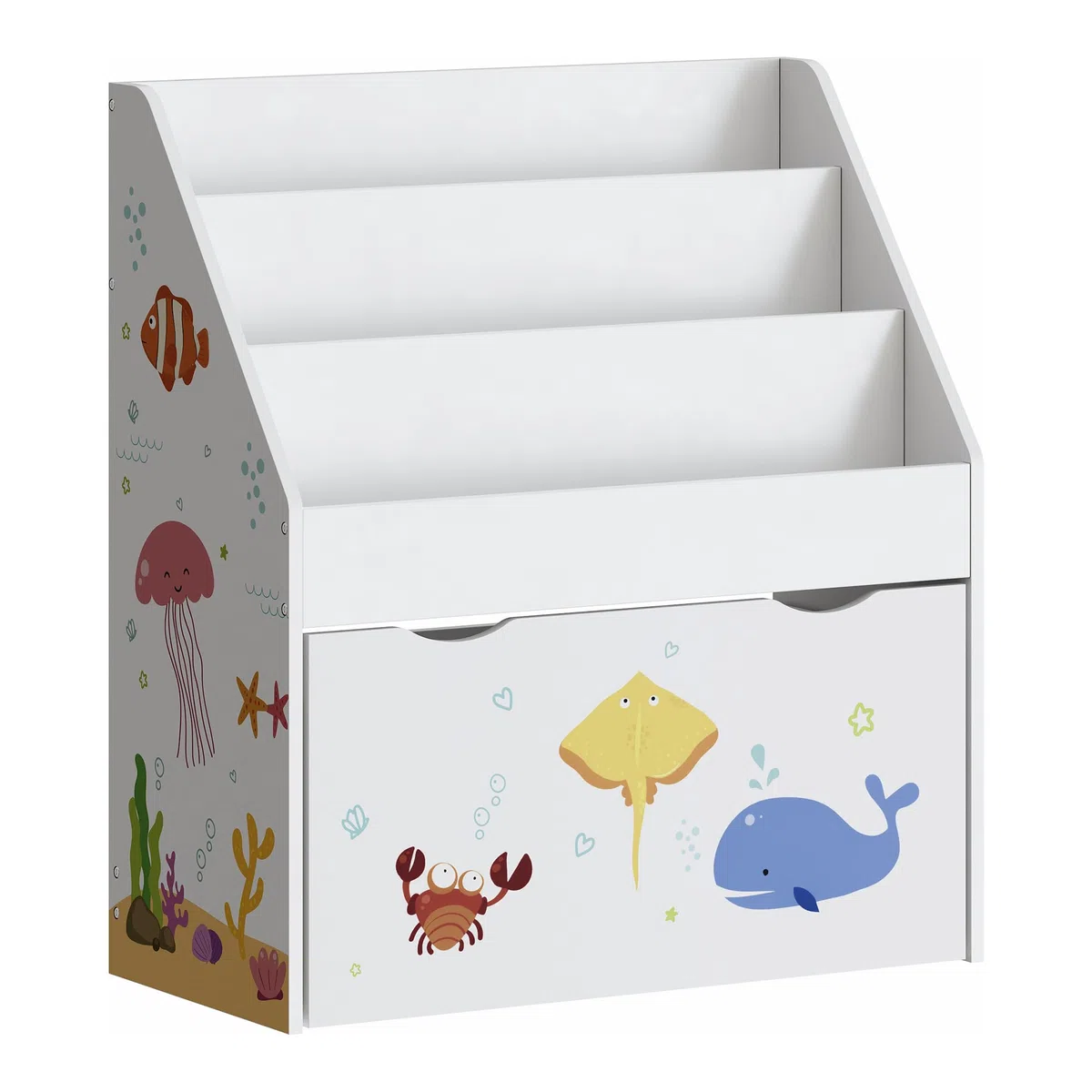 [en.casa] Étagère pour Enfants avec 3 Compartiments de Rangement Ouverts et 1 Tiroir sur roulettes Meuble de Stockage Coins Arrondis Panneau de Particules 70 x 63 x 30 cm Blanc Motif Aqua Dream