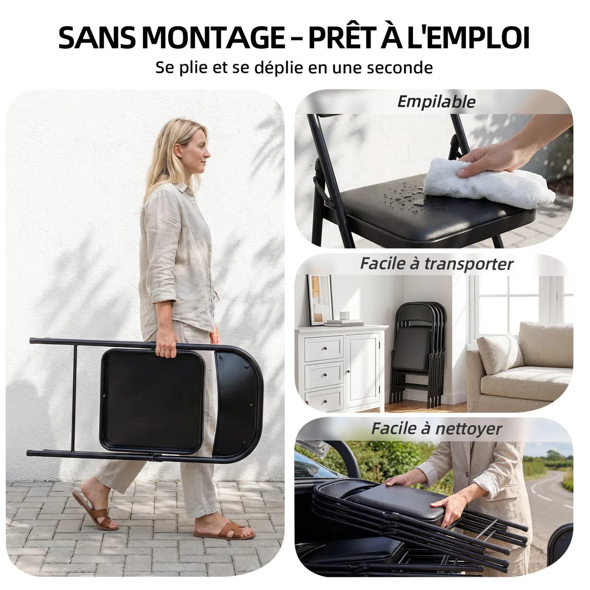 Lot de 6 Chaises Pliantes Rembourrées, Charge 158 kg, Cadre en Acier, Simili Cuir PU, Pliable Gain de Place, sans Montage, pour Salon, Salle à Manger, Camping, Jardin, Réception, Noir