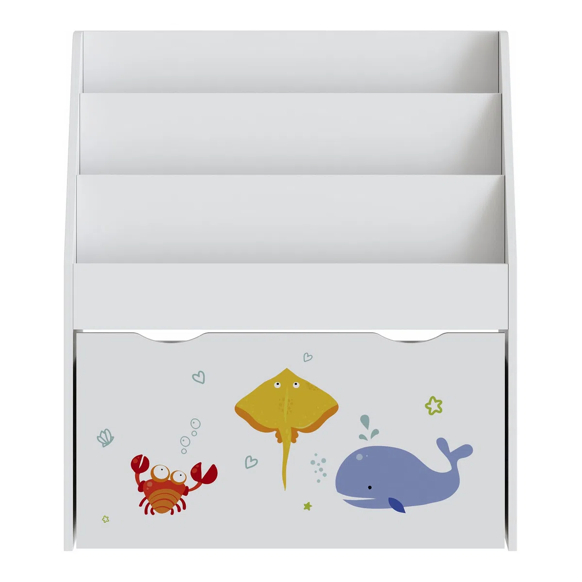 [en.casa] Étagère pour Enfants avec 3 Compartiments de Rangement Ouverts et 1 Tiroir sur roulettes Meuble de Stockage Coins Arrondis Panneau de Particules 70 x 63 x 30 cm Blanc Motif Aqua Dream