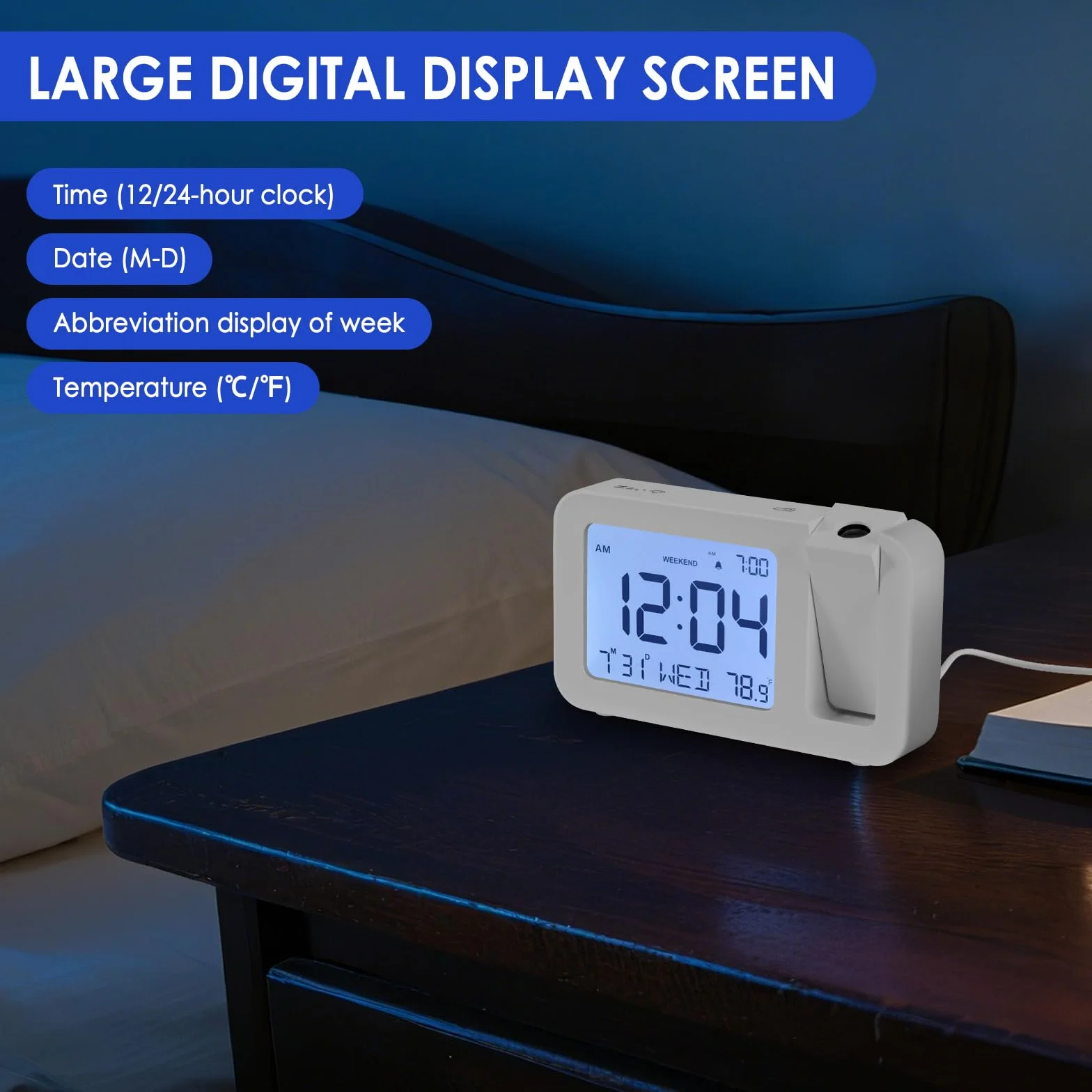 ALLOMN Réveil avec Projection Numérique, Température et Date, 4 Luminosité, Snooze 9 min, 12/24h, Mode Week-end