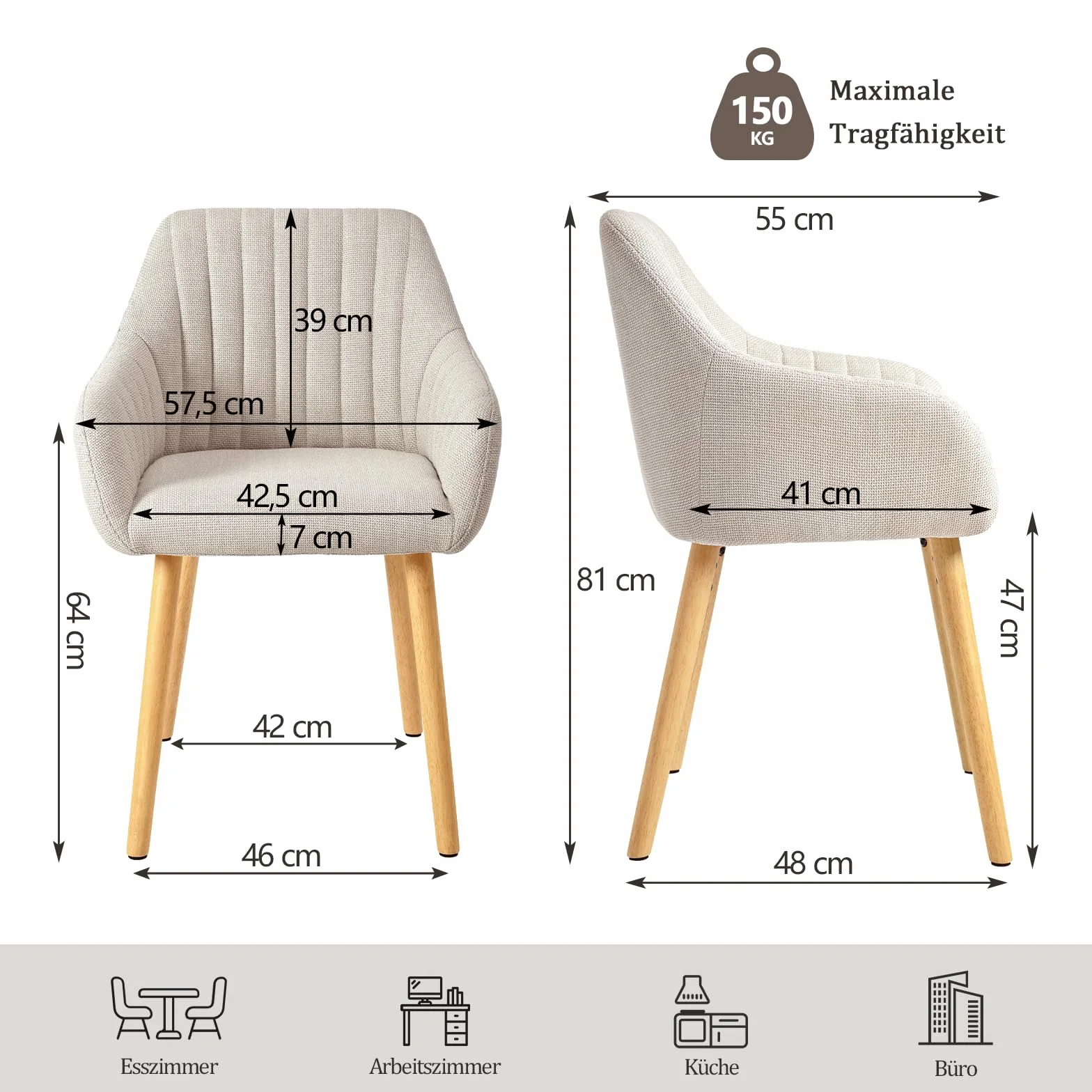 Lot de 4 Chaises Fauteuil Salle à Manger Chaises Beige avec Accoudoirs rembourrée en Polyester avec Pieds en Bois pour Salon Cuisine et Bureau