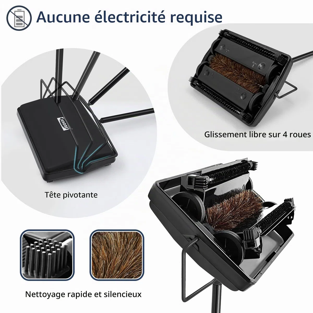 JEHONN Balai Mécanique Manuel à Cheveux de Cheval, sans Électricité, pour Tapis et Moquettes (Noir)