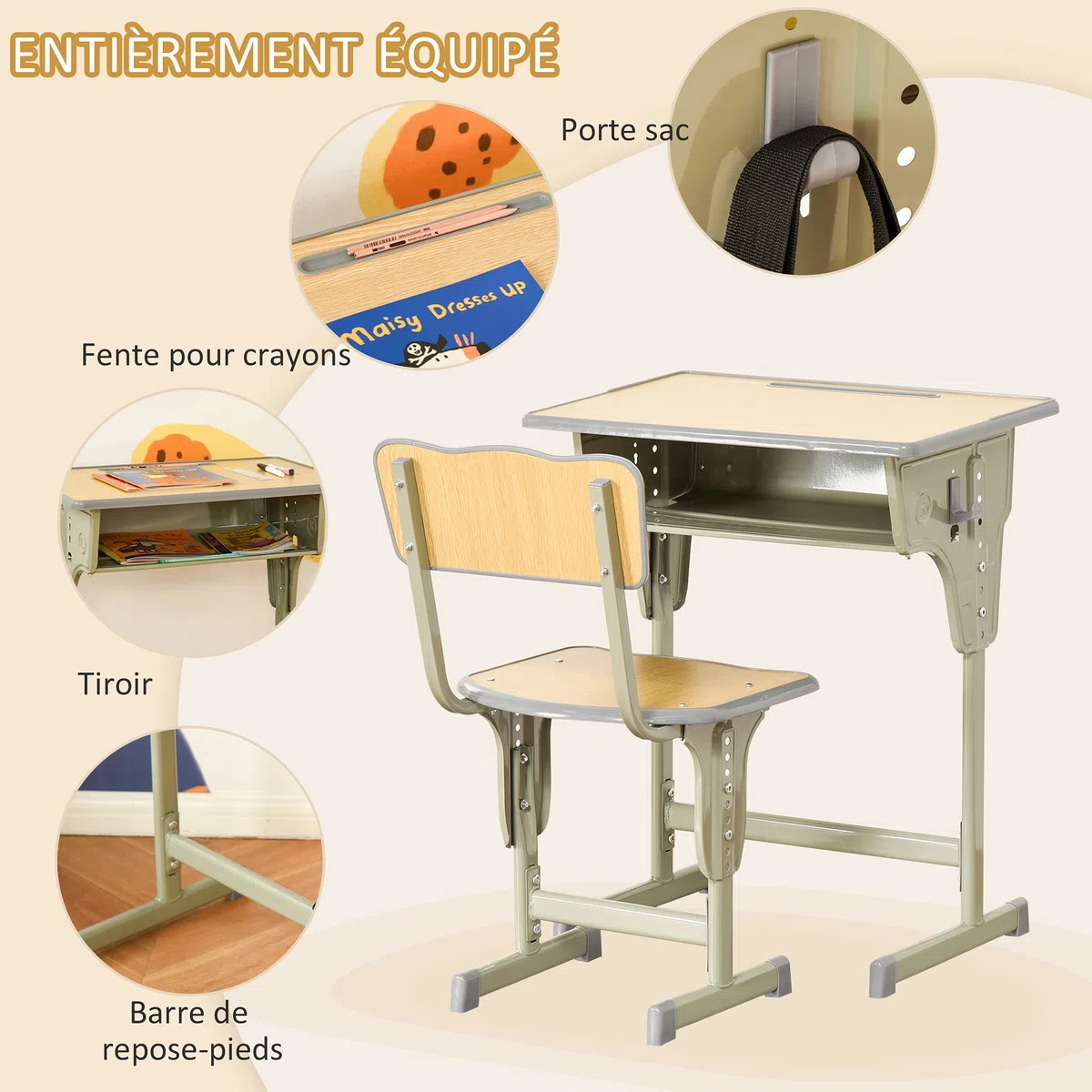 HOMCOM Bureau Enfant Vintage Style pupitre d'écolier - Ensemble Bureau et Chaise réglable - Case de Rangement, Bracket, Range-stylos - Acier Kaki MDF Aspect Bois Clair
