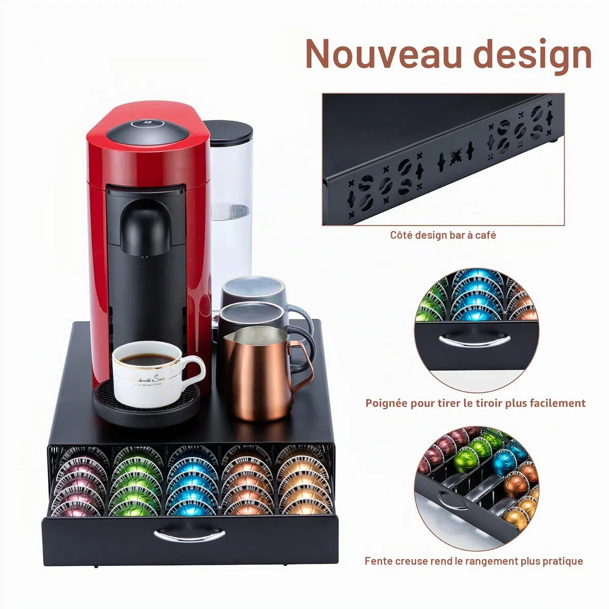 FlagShip Support de capsules pour Nespresso Vertuo - Organiseur de capsules - Design de bar à café et support pour machine à café - Métal noir (capacité de 50 capsules)