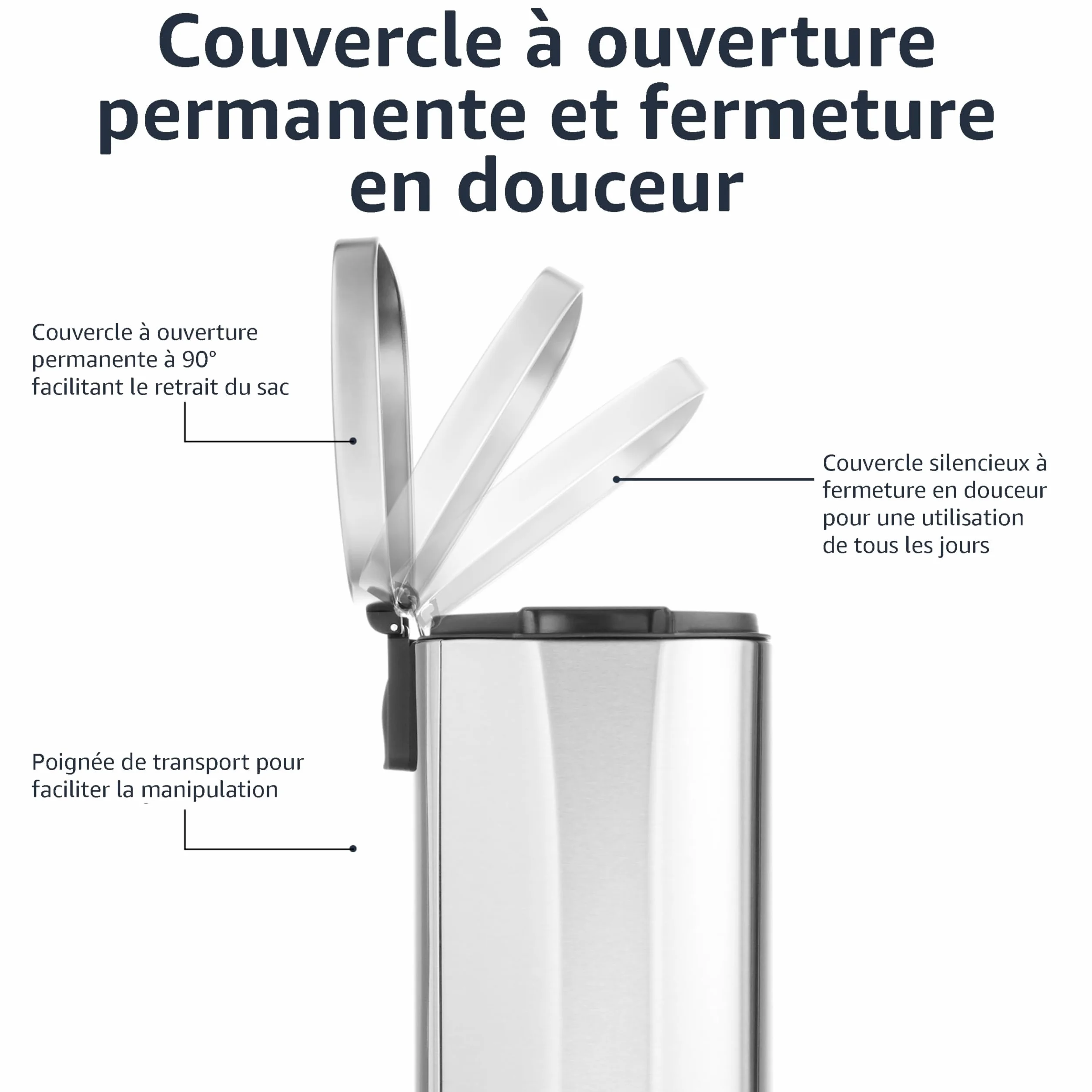 Amazon Basics Poubelle rectangulaire à fermeture douce 30 l nickel satiné