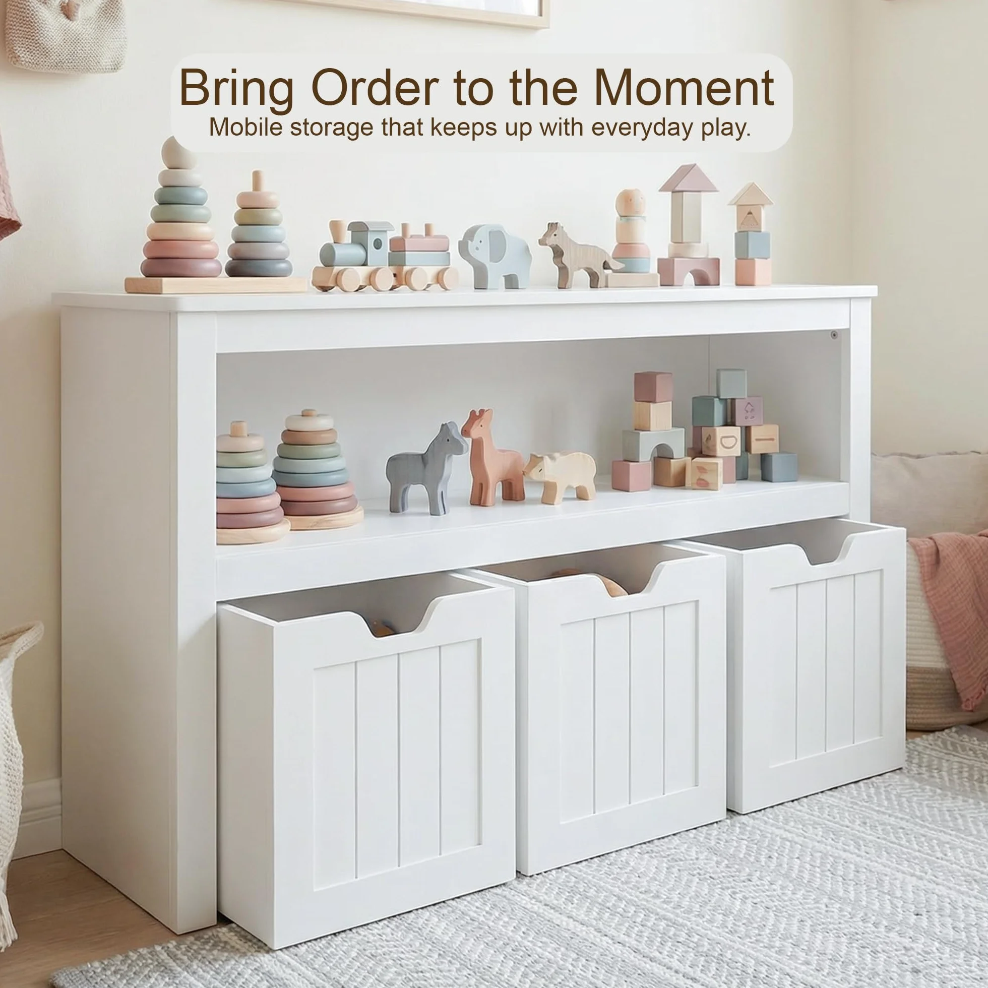 Leeshyah Meuble de rangement pour jouets pour enfants, bibliothèque et organisateur de jouets avec 3 boîtes de rangement à roulettes, unité de rangement pour chambre d'enfant, salle de jeux, chambre à