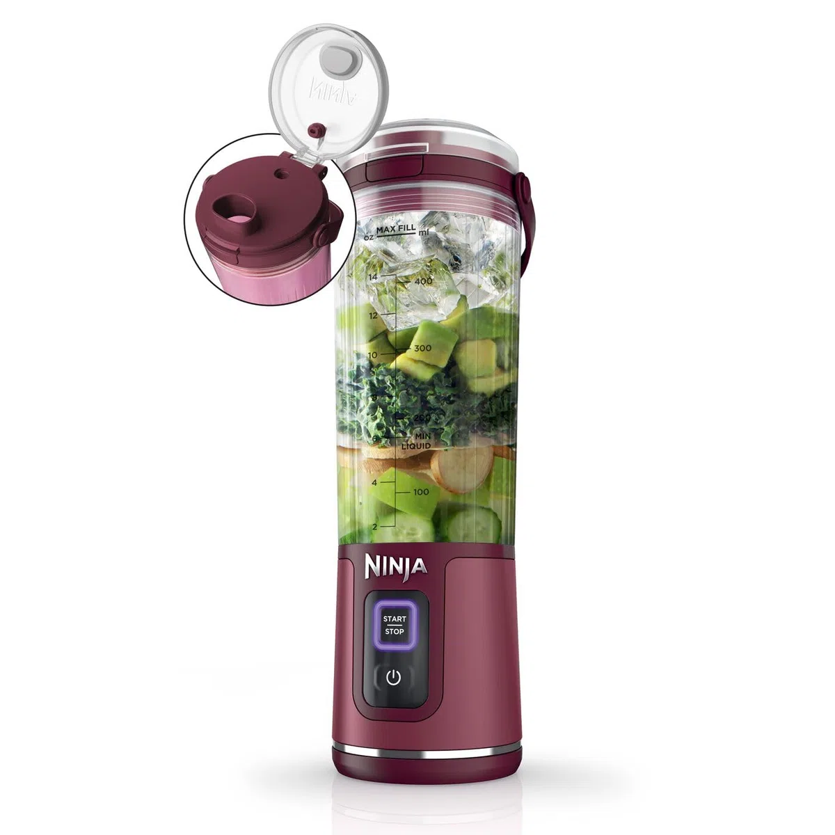 Ninja Blast Blender portable, 530 ml, couvercle résistant aux fuites et bec verseur, mini blender sans fil puissant, rechargeable, smoothies, shakes, mixe fruits et glaçons, Canneberge, BC151EUCR