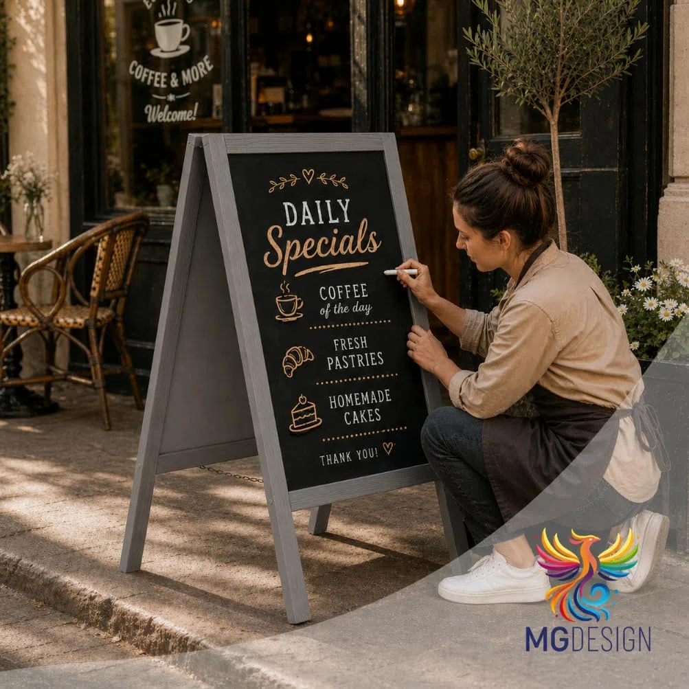 MG Design chevalet ardoise en bois peint en gris 60 x 120 cm – recto verso, pliable et effaçable – panneau publicitaire A-frame pour restaurant, commerce et événements