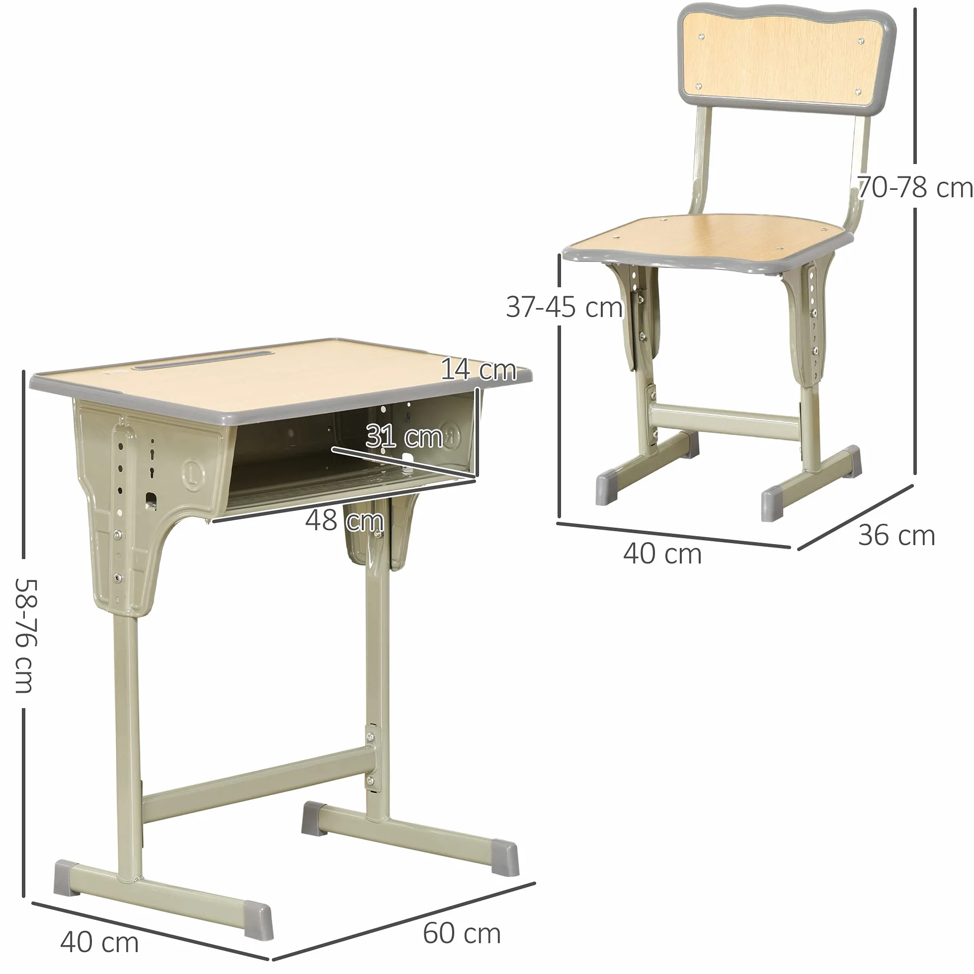 HOMCOM Bureau Enfant Vintage Style pupitre d'écolier - Ensemble Bureau et Chaise réglable - Case de Rangement, Bracket, Range-stylos - Acier Kaki MDF Aspect Bois Clair