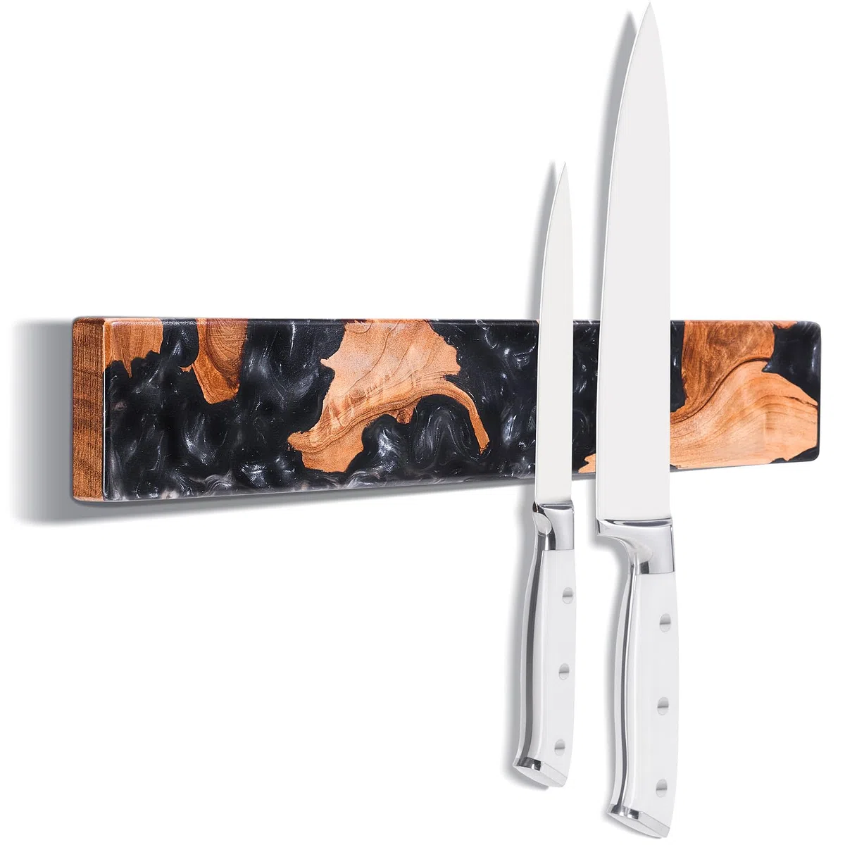 ENOKING Porte Couteaux Magnétique Mural 40 cm, Barre Magnétique Couteaux en Bois d’Acacia & Résine Noire, Support Couteaux Aimanté avec Fixation Adhésive ou Vis, Range Couteaux Mural pour Cuisine