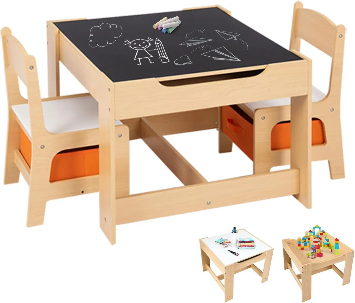 COSTWAY Table Enfant avec Chaise, Petite Table avec Tableau Amovible à 2 Faces et 2 Boîtes, Bureau Enfant avec Rangement Taille Compacte pour Chambre, École