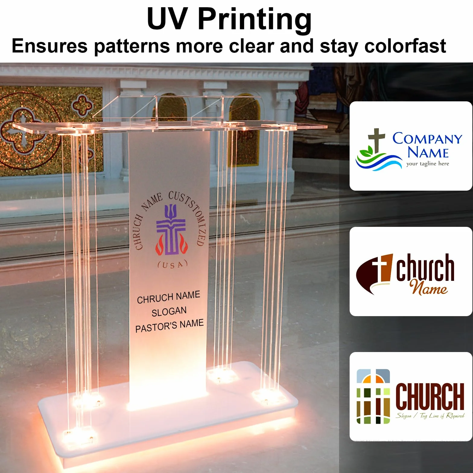 Chaire d'église Personnalisée avec Texte et LOGO, Podium en Acrylique avec Lumières LED, Podium Transparent avec roues et Plateforme de Lecture Spacieuse, Pupitre Clair pour la Parole.