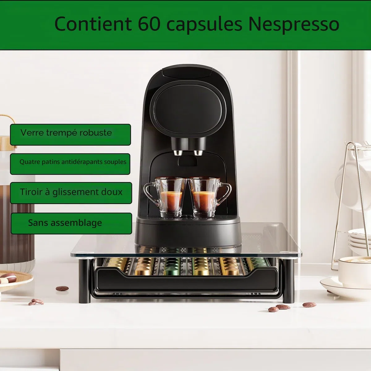 SEVENLINE Tiroir de Rangement pour Capsules de Café en Verre Trempé Cristal Compatible avec les Capsules Nespresso OriginalLine Support pour 60 Dosettes Original Line Organisateur de Cuisine