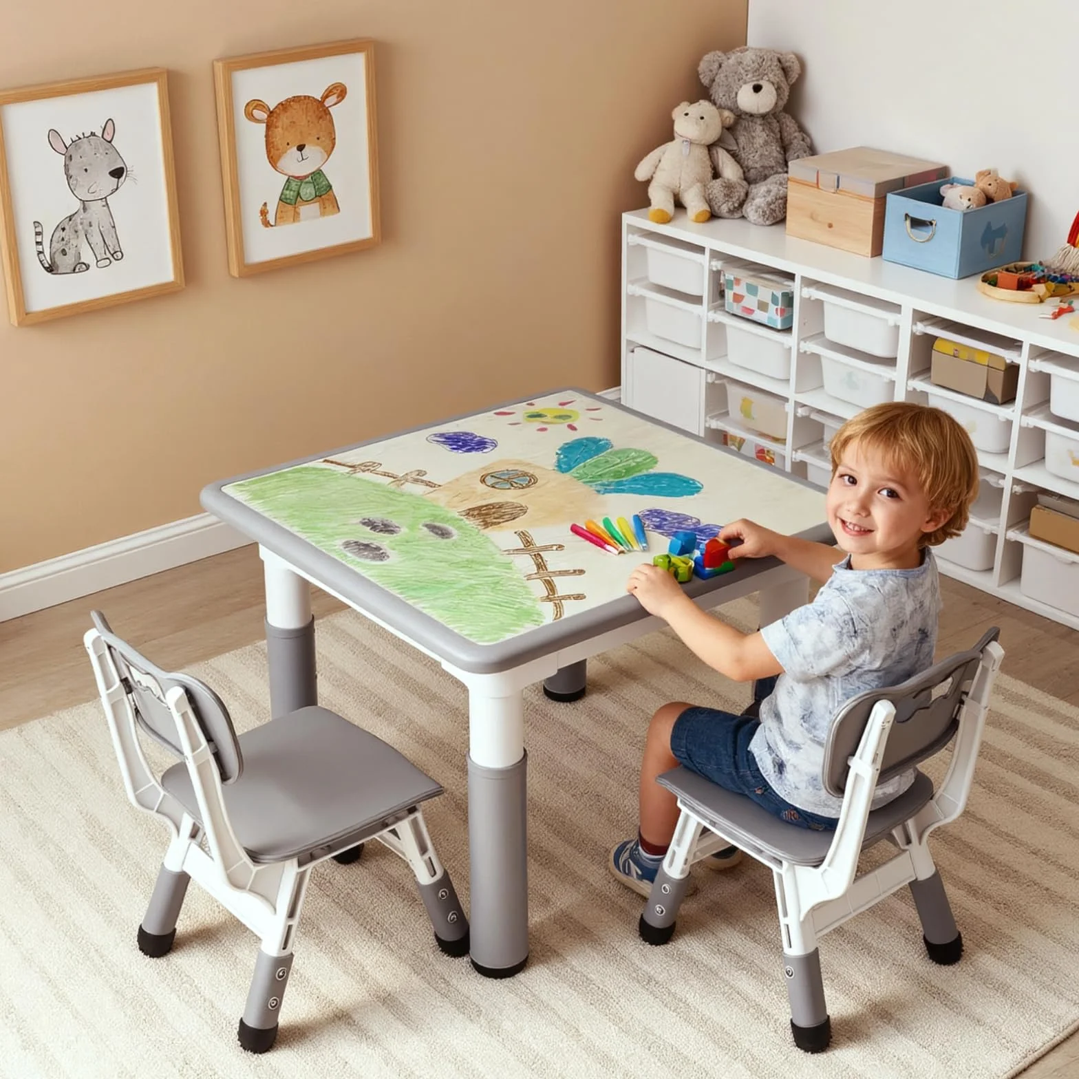MAMIZO Ensemble de Table pour Enfants Réglable en Hauteur Avec 2 Chaises, Meubles en Plastique, pour Peinture, Garçons et Filles à Partir de 3 Ans (Gris, Carrée)