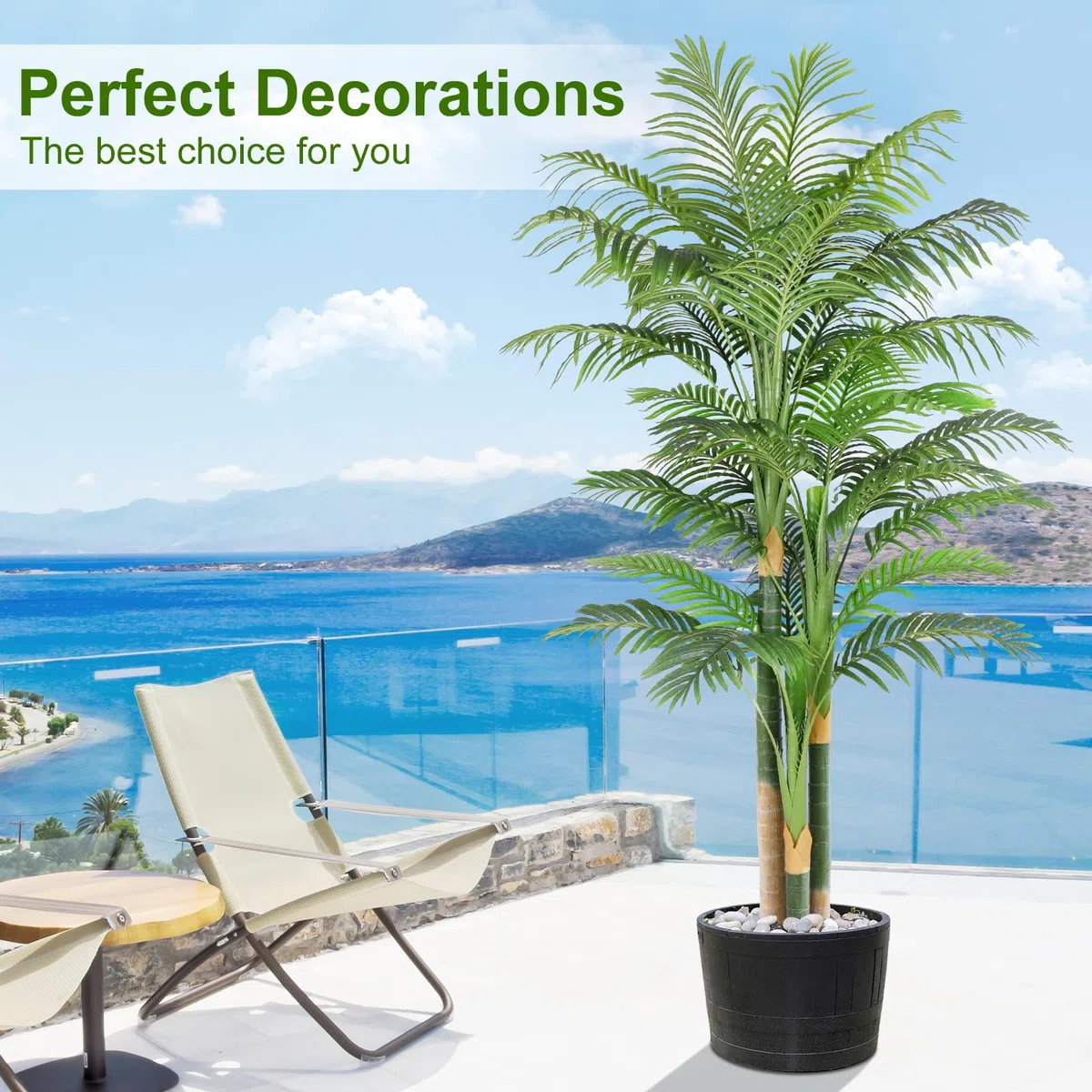 Palmier Artificiel Triple Doré 200cm Haute, Palmier Artificiel Exterieur, Arbre Artificiel Exterieur ou Intérieur pour Maison Chambre Bureau Salon Balcon Jardin Décoration (1Pack)