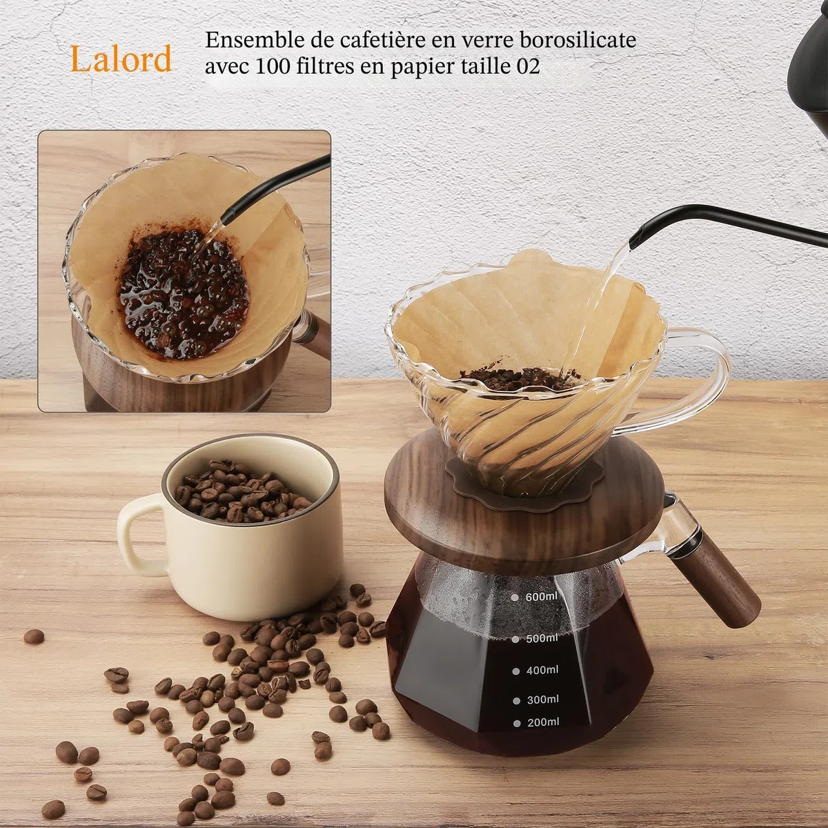 Lalord Verser Over Cafetière en Verre Borosilicate de 600 ml avec 100 Papier Filtres, Col en Noyer et Couvercle en Verre, Cafetière Goutte à Goutte, 1 à 3 Tasses, Transparent
