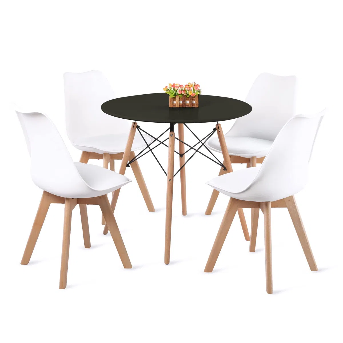 Ensemble de Salle à Manger Ronde avec 4 Chaises pour Salon, Cuisine, Bureau (Table Noire + Chaises Blanches)