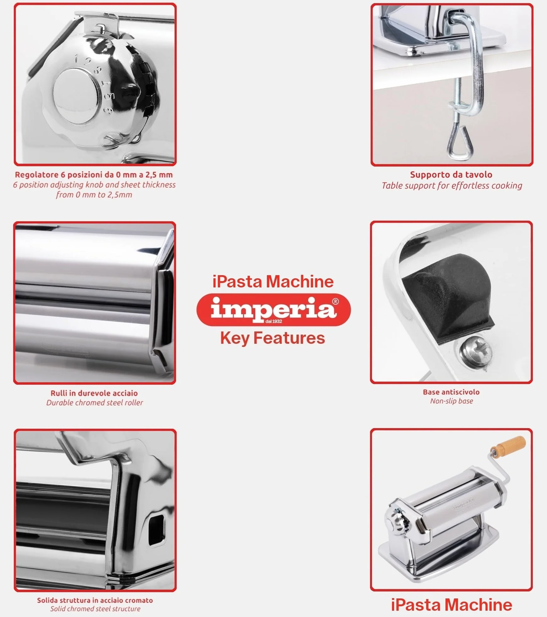 Imperia Laminoir Ligne Classique. Machine à pâtes. 100% Fabriquè en Italie. Machine à pâtes fraîches en acier. Laminoir manuel avec manivelle. Créez votre propre feuille de pâte.