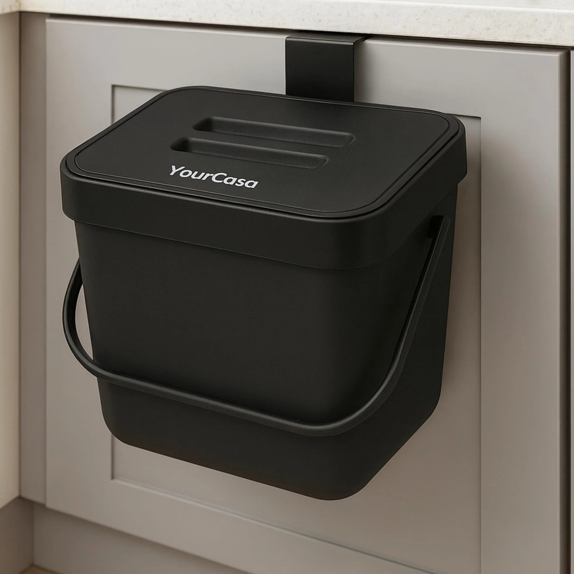 YourCasa® Poubelle de cuisine 7L à suspendre - Passoire à compost - Passe au lave-vaisselle - Anti-odeurs (noir)