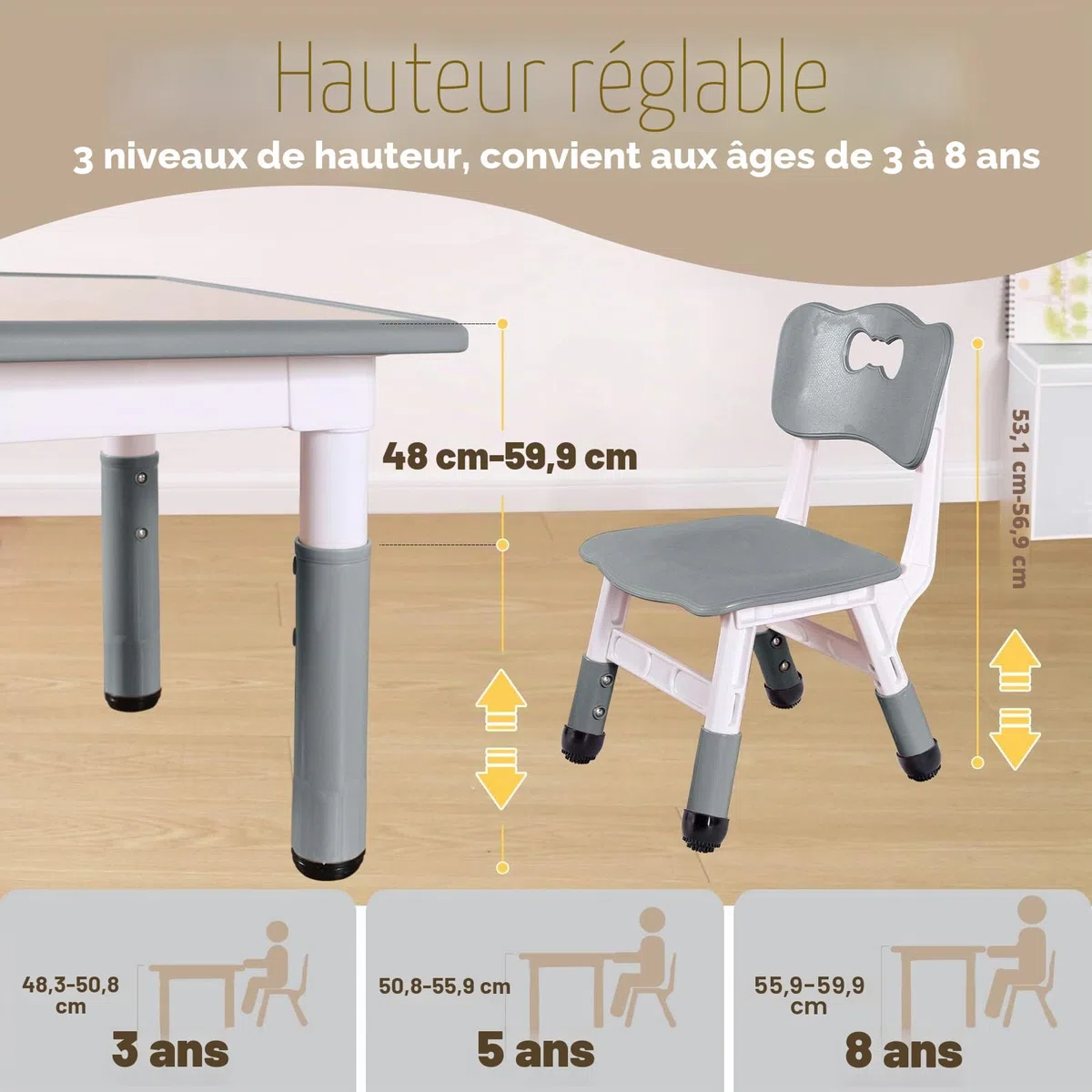 FUNLIO Table pour Enfant avec 2 Chaises, Table et Chaise Réglable en Hauteur pour Les 3 à 8 Ans pour la Maison, Dessin Enfant Facile à Nettoyer, Approuvé CPC et CE (3 Pièces)- Gris