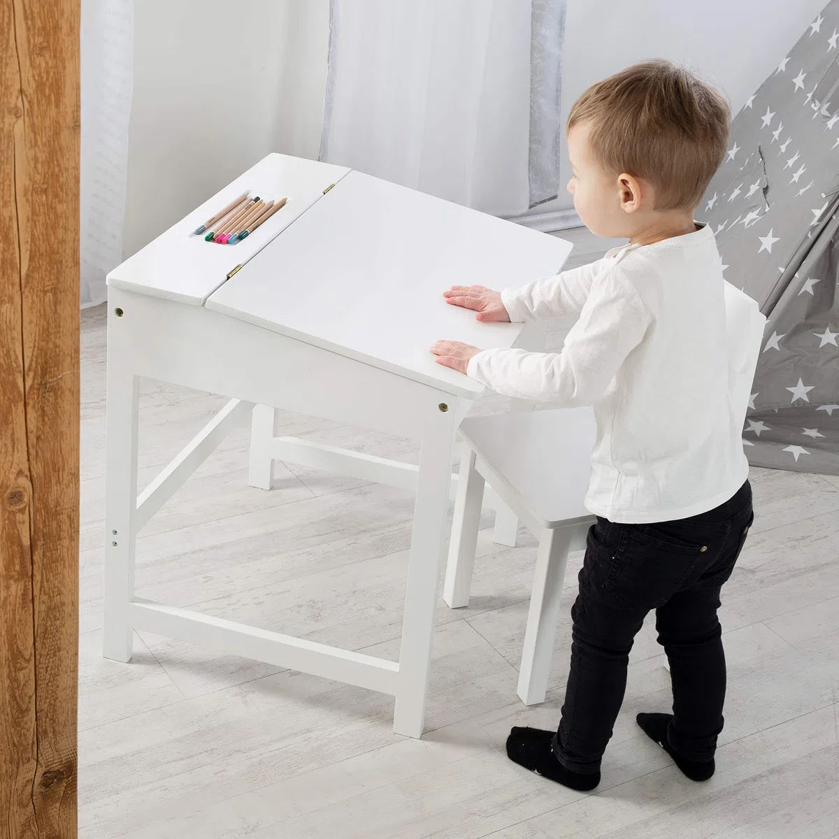 roba Bureau Bébé et Enfant avec Chaise et Espace de Rangement - Pupitre d'École - Blanc