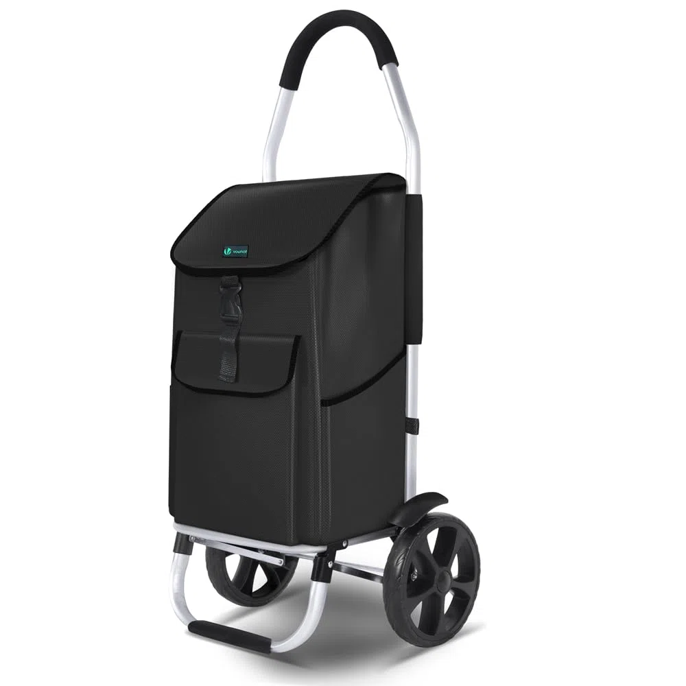 VOUNOT® Chariot de Courses 2 Roues en Aluminium avec Compartiment Impermeable Caddie de Courses Pliable 2 en 1 Sac Chariot Noir 58L