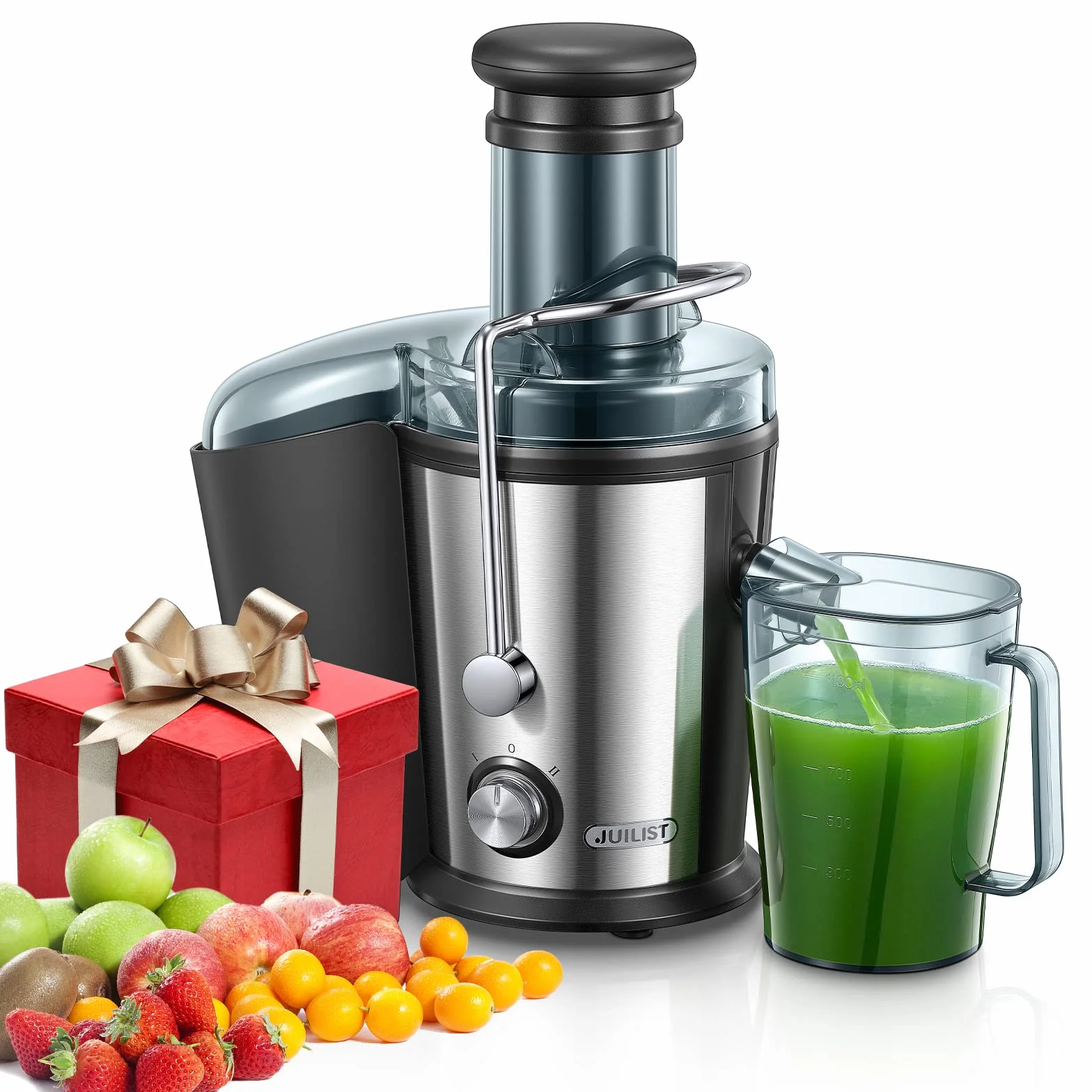 Juilist 800W Centrifugeuse Extracteur de Jus, Centrifugeuse Fruits et Legumes à 2 Vitesses, 75MM Large Bouche en Acier Inox, Design Anti-goutte, 1100ml Pichet à Jus et Nettoyage Facile