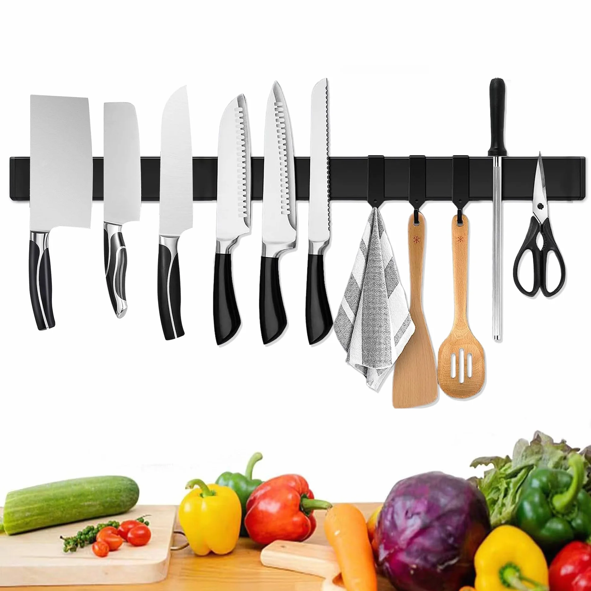 Barre magnétique Trhillsbrad de 60 cm - Porte-couteaux magnétique avec 3 crochets - En acier inoxydable - Noir - Fixation murale - Sans perçage